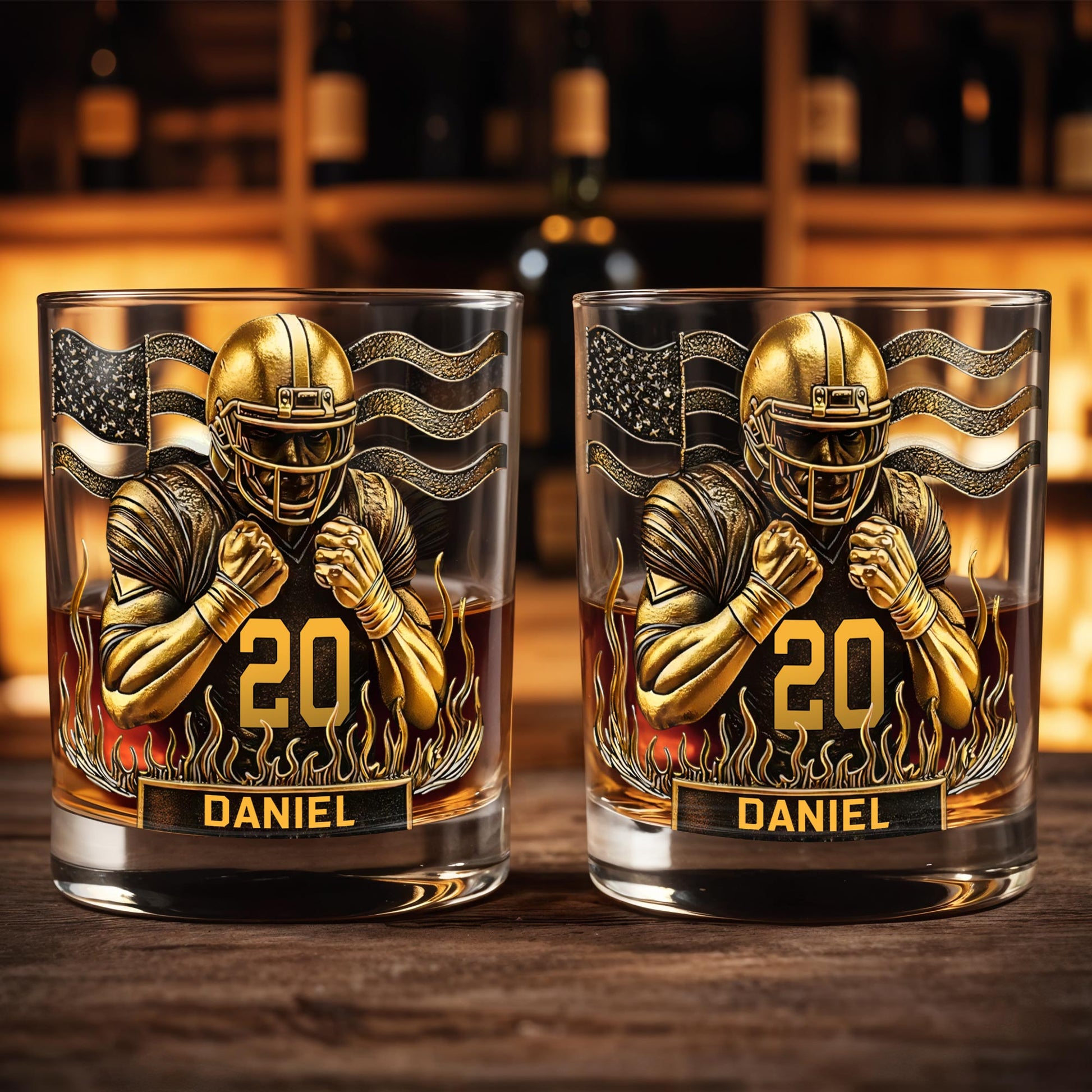 Celebrate Favorite Moments With Football Player And American Flag Design - Personalized Custom Whiskey Glass - SPORT072_RWG