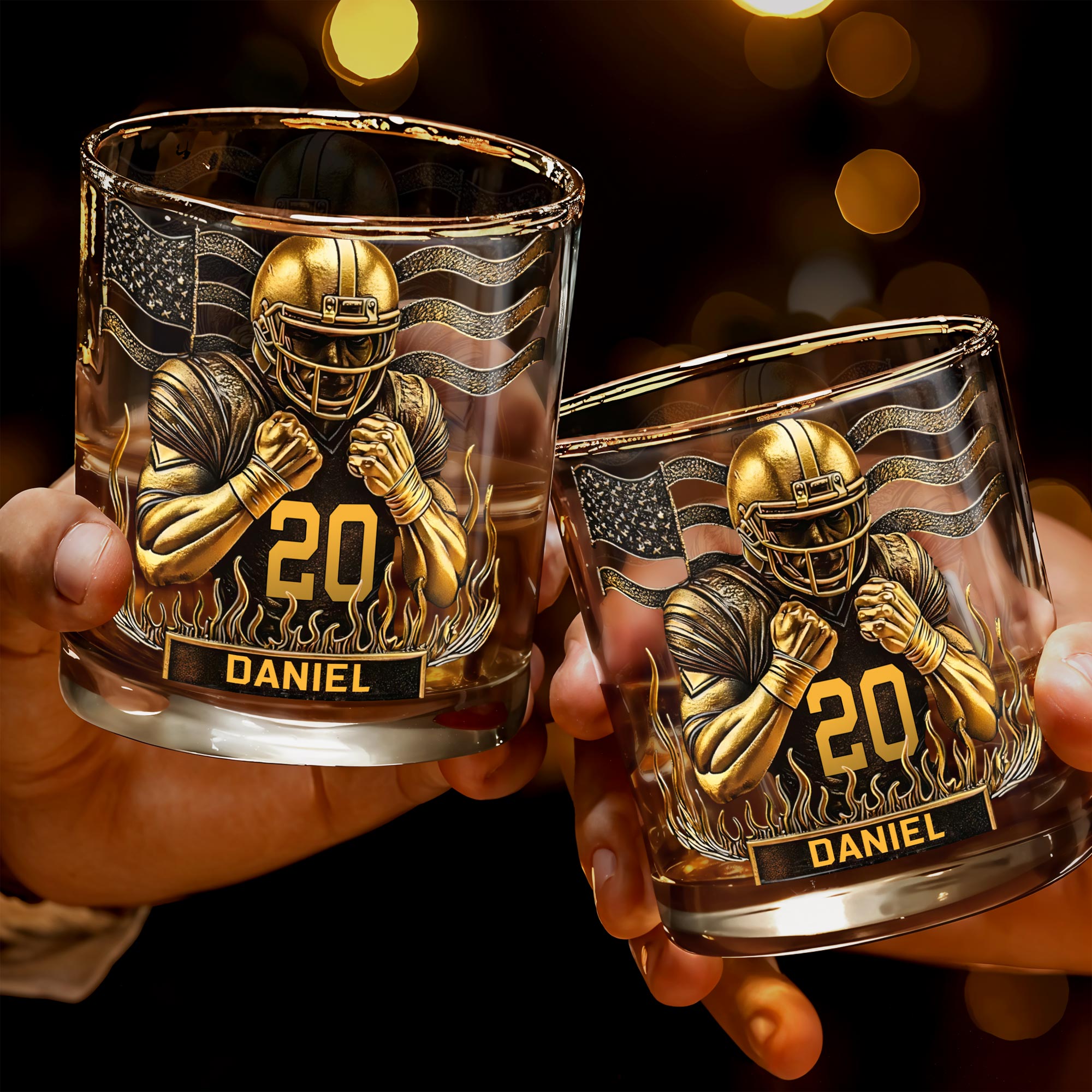Celebrate Favorite Moments With Football Player And American Flag Design - Personalized Custom Whiskey Glass - SPORT072_RWG