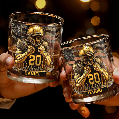Celebrate Favorite Moments With Football Player And American Flag Design - Personalized Custom Whiskey Glass - SPORT072_RWG