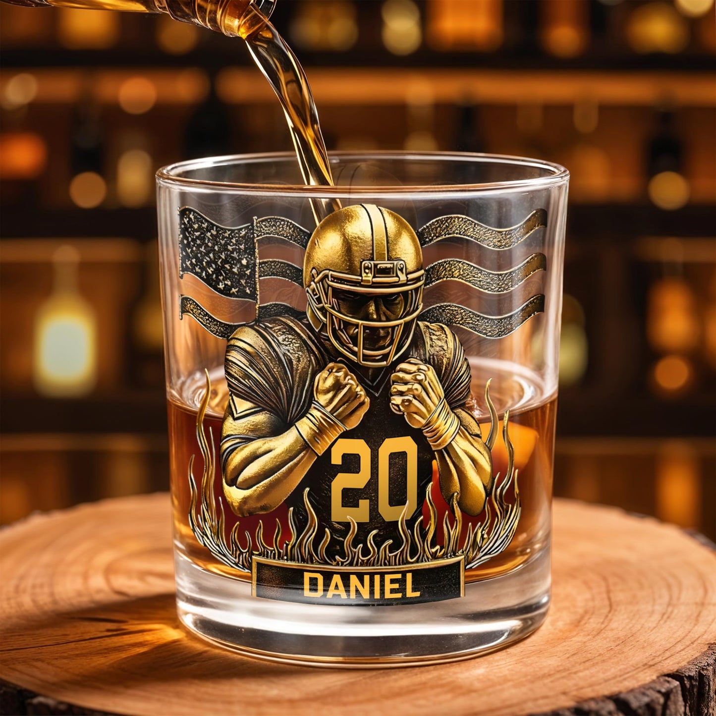 Celebrate Favorite Moments With Football Player And American Flag Design - Personalized Custom Whiskey Glass - SPORT072_RWG