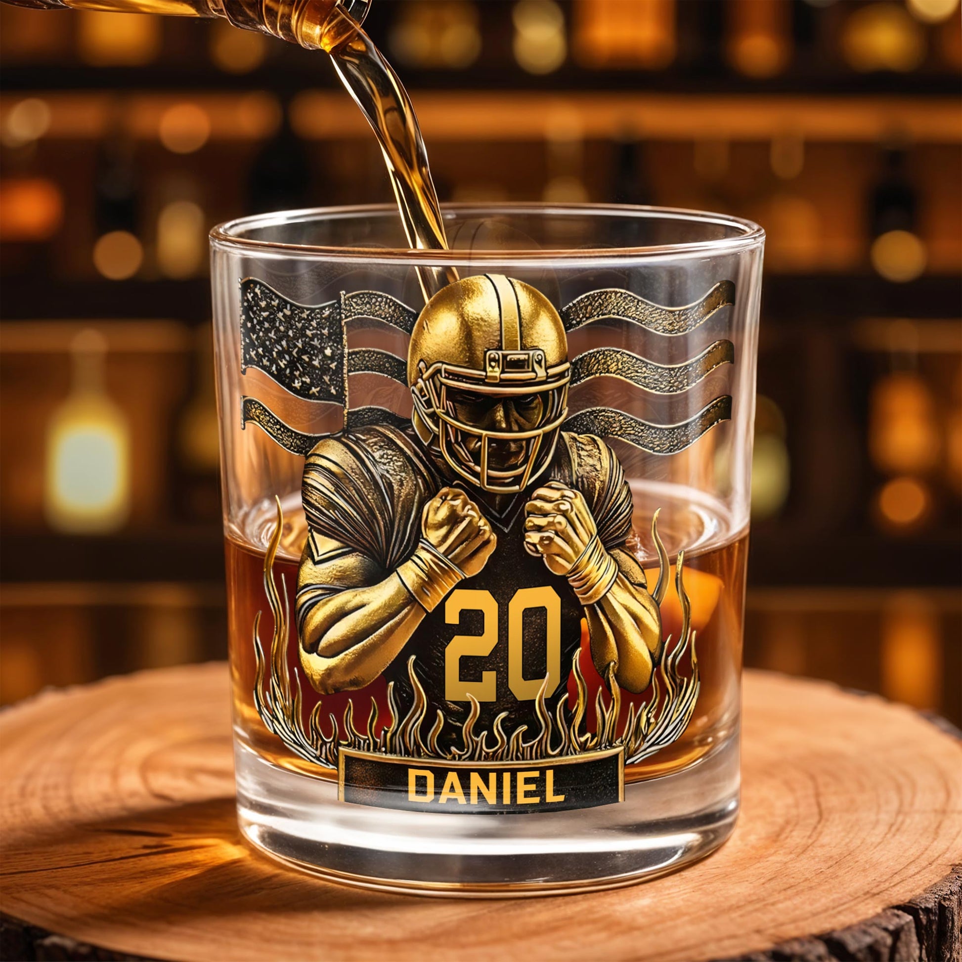 Celebrate Favorite Moments With Football Player And American Flag Design - Personalized Custom Whiskey Glass - SPORT072_RWG