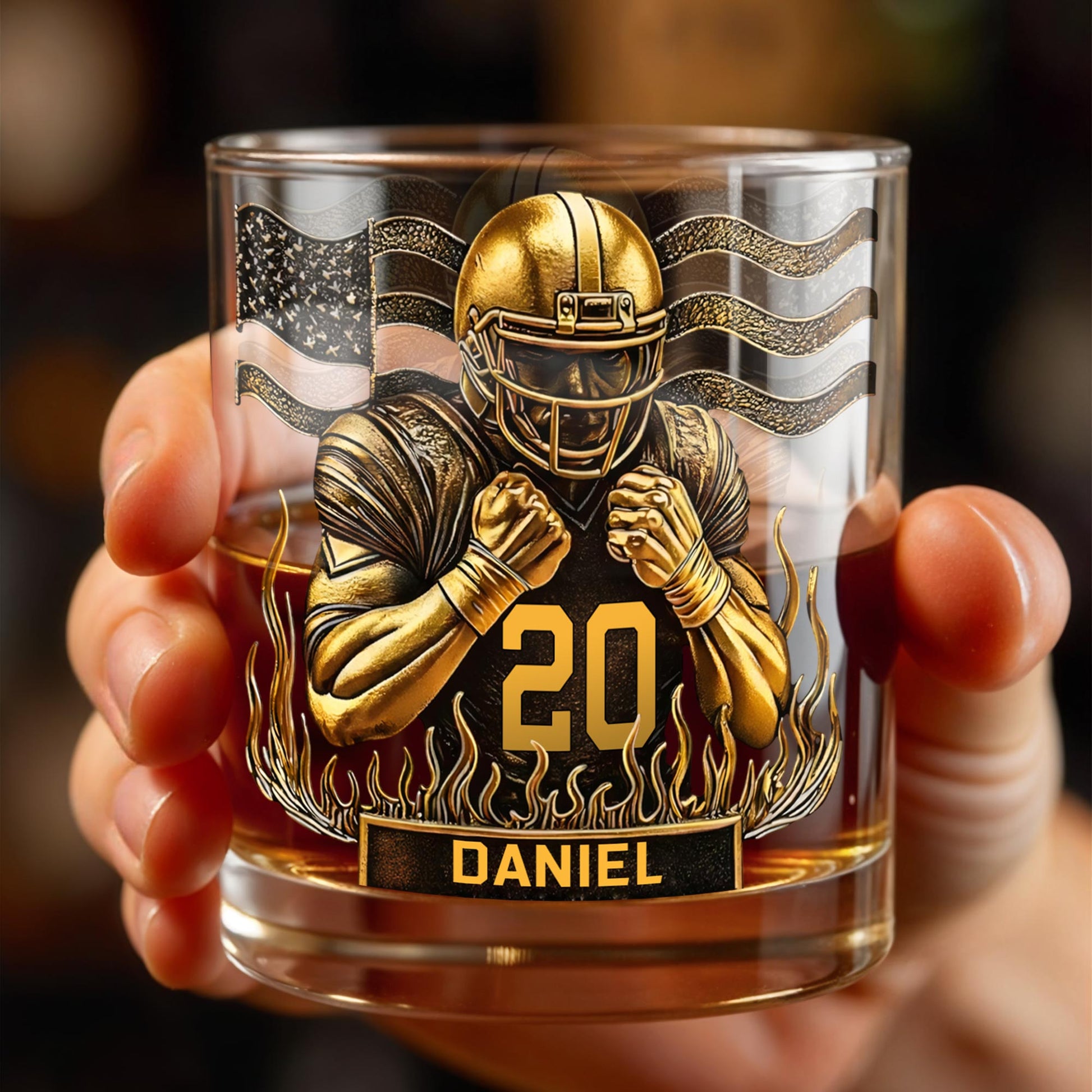 Celebrate Favorite Moments With Football Player And American Flag Design - Personalized Custom Whiskey Glass - SPORT072_RWG