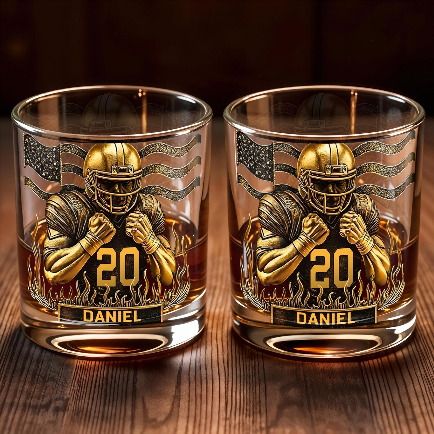 Celebrate Favorite Moments With Football Player And American Flag Design - Personalized Custom Whiskey Glass - SPORT072_RWG