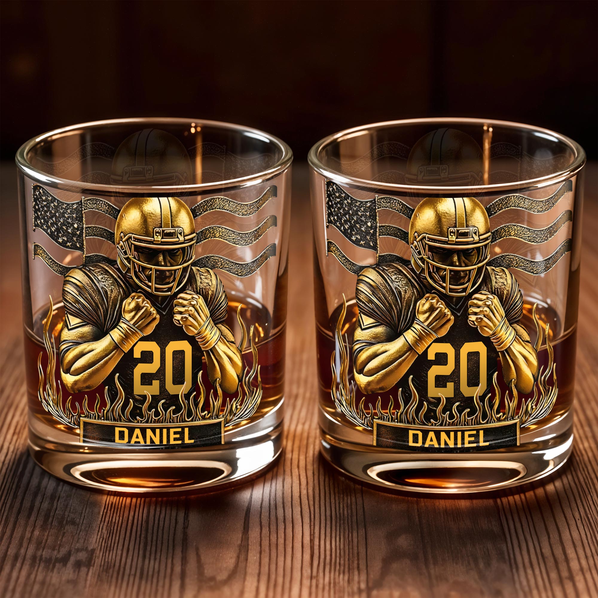 Celebrate Favorite Moments With Football Player And American Flag Design - Personalized Custom Whiskey Glass - SPORT072_RWG