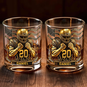 Celebrate Favorite Moments With Football Player And American Flag Design - Personalized Custom Whiskey Glass - SPORT072_RWG