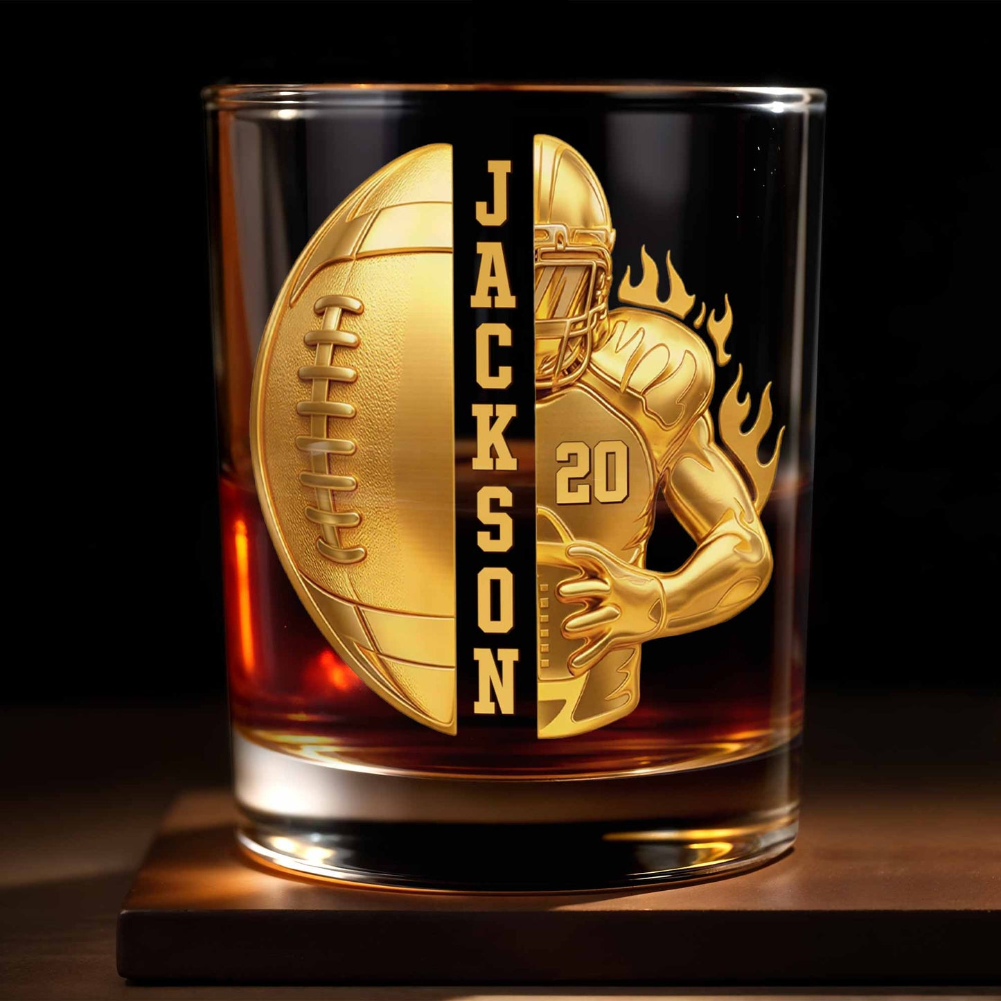 3D Golden Football Player On Fire With Personalized Name And Ball - Personalized Custom Whiskey Glass - SPORT104_RWG