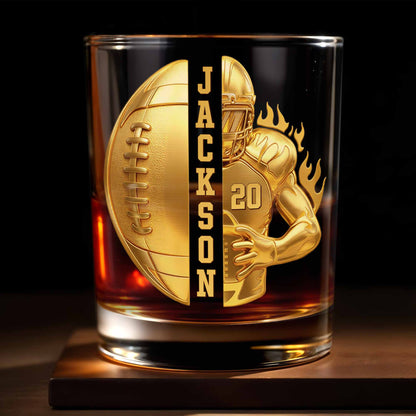 3D Golden Football Player On Fire With Personalized Name And Ball - Personalized Custom Whiskey Glass - SPORT104_RWG
