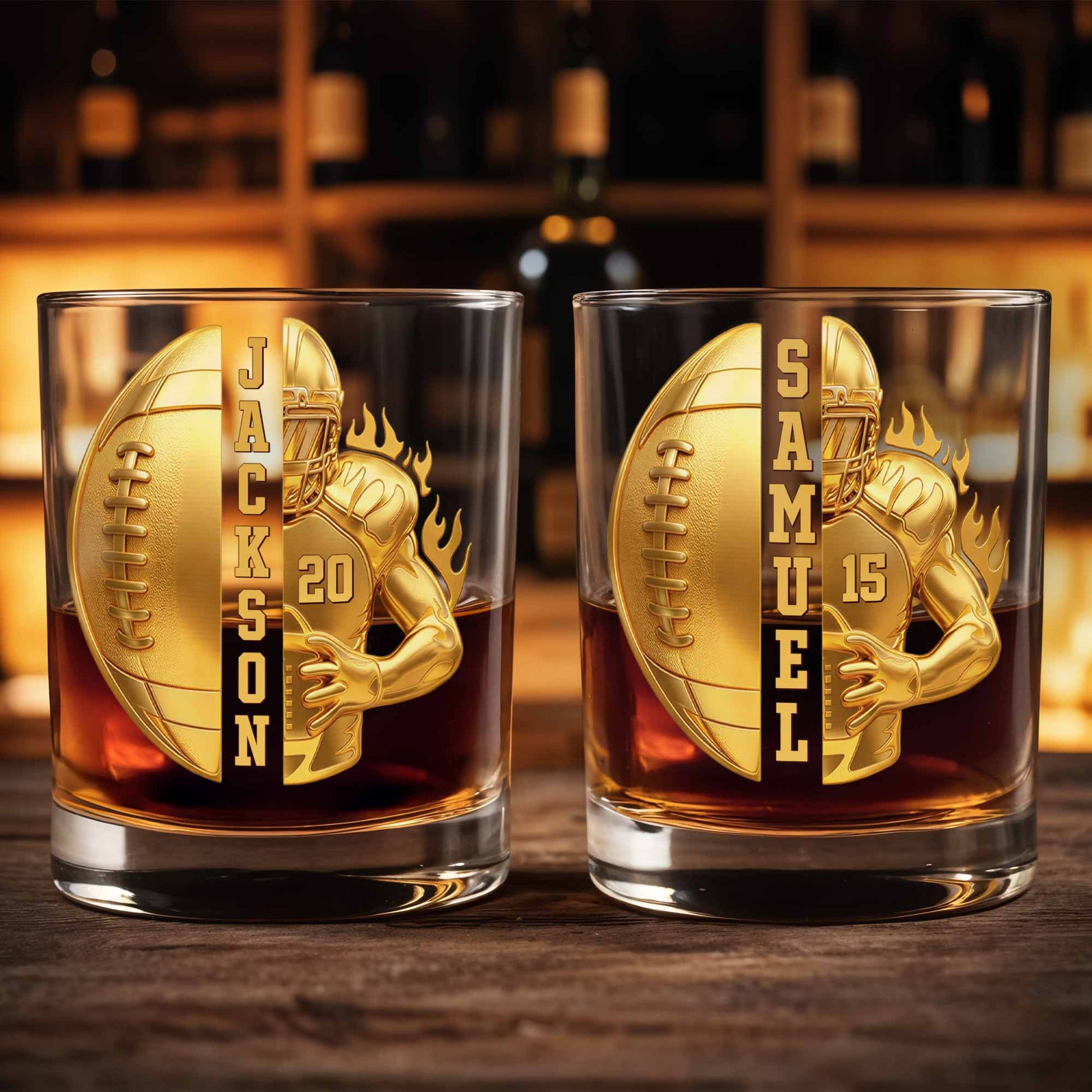 3D Golden Football Player On Fire With Personalized Name And Ball - Personalized Custom Whiskey Glass - SPORT104_RWG