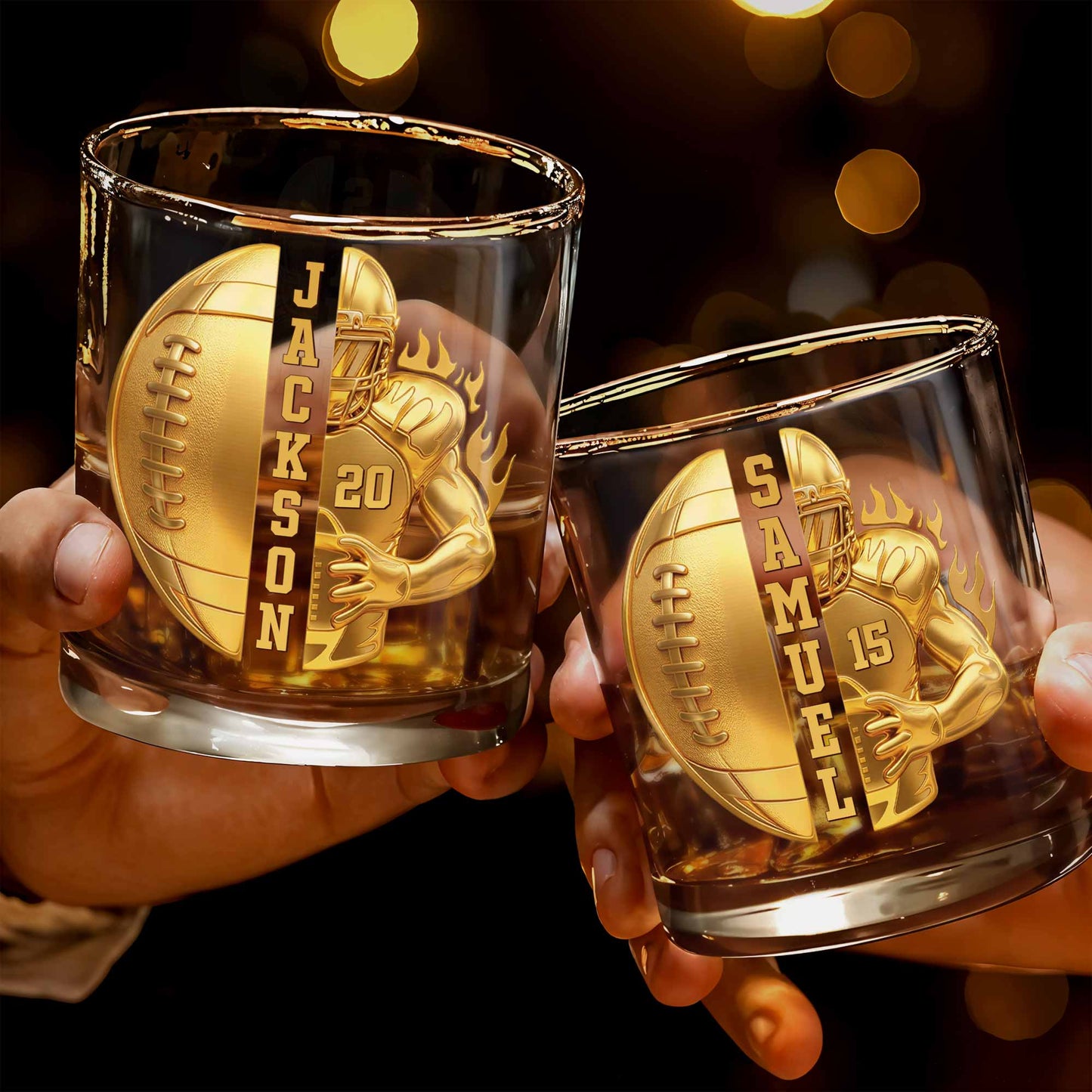 3D Golden Football Player On Fire With Personalized Name And Ball - Personalized Custom Whiskey Glass - SPORT104_RWG