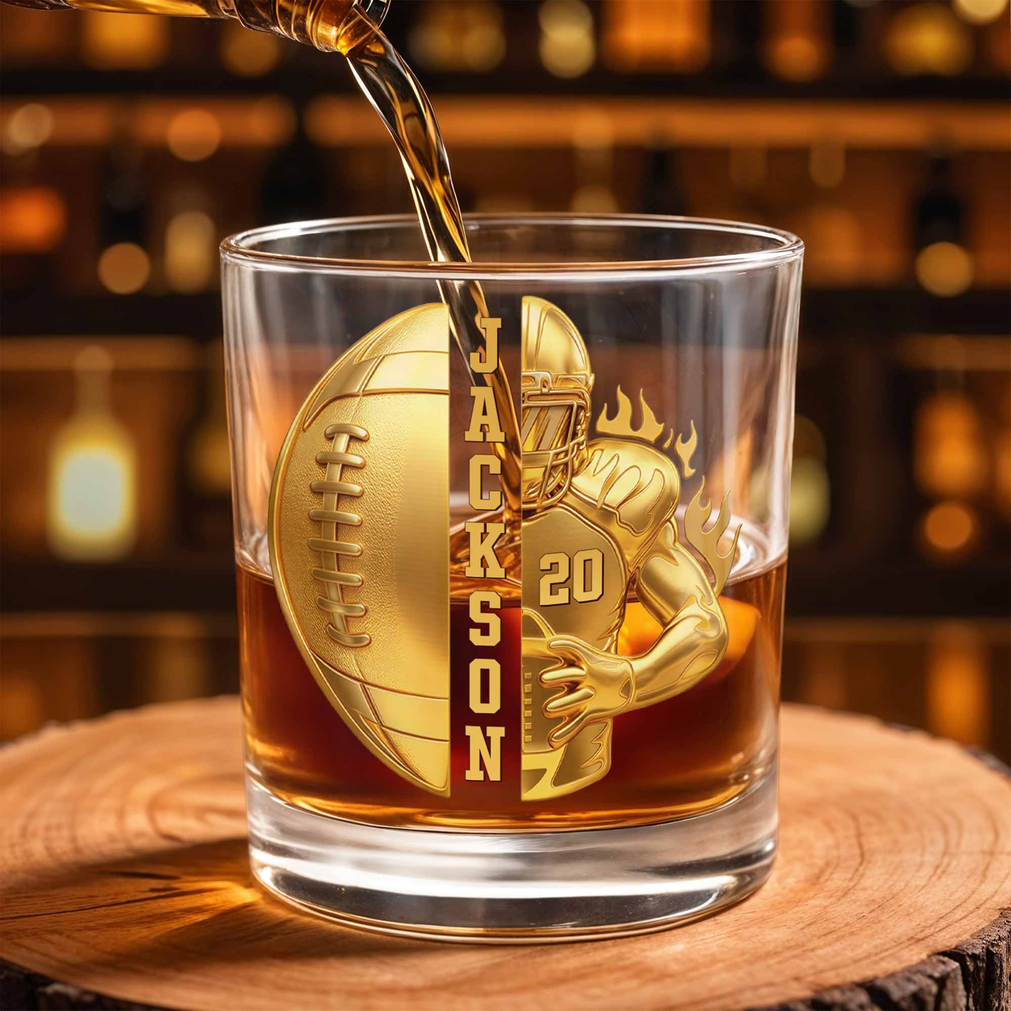 3D Golden Football Player On Fire With Personalized Name And Ball - Personalized Custom Whiskey Glass - SPORT104_RWG