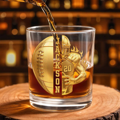 3D Golden Football Player On Fire With Personalized Name And Ball - Personalized Custom Whiskey Glass - SPORT104_RWG