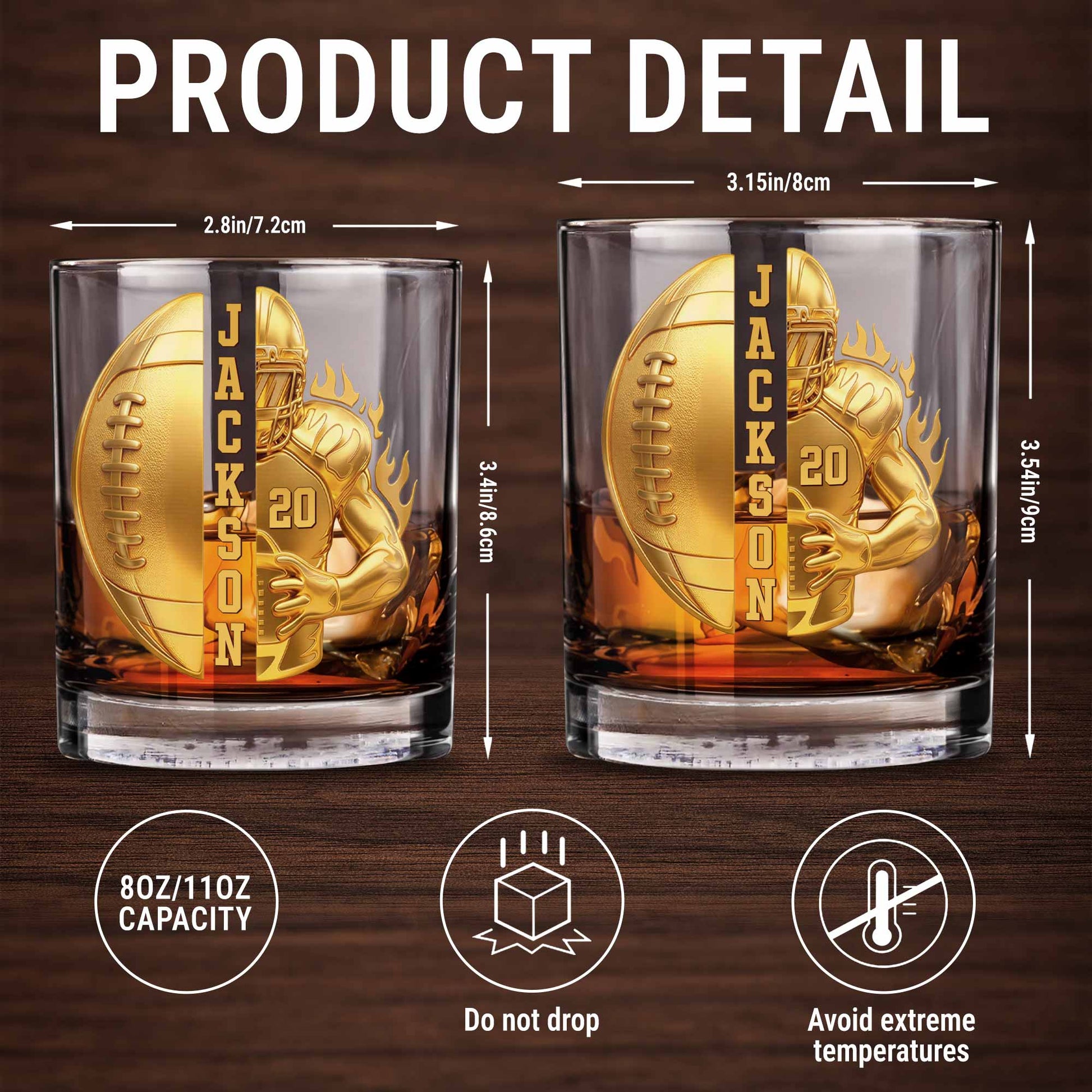 3D Golden Football Player On Fire With Personalized Name And Ball - Personalized Custom Whiskey Glass - SPORT104_RWG