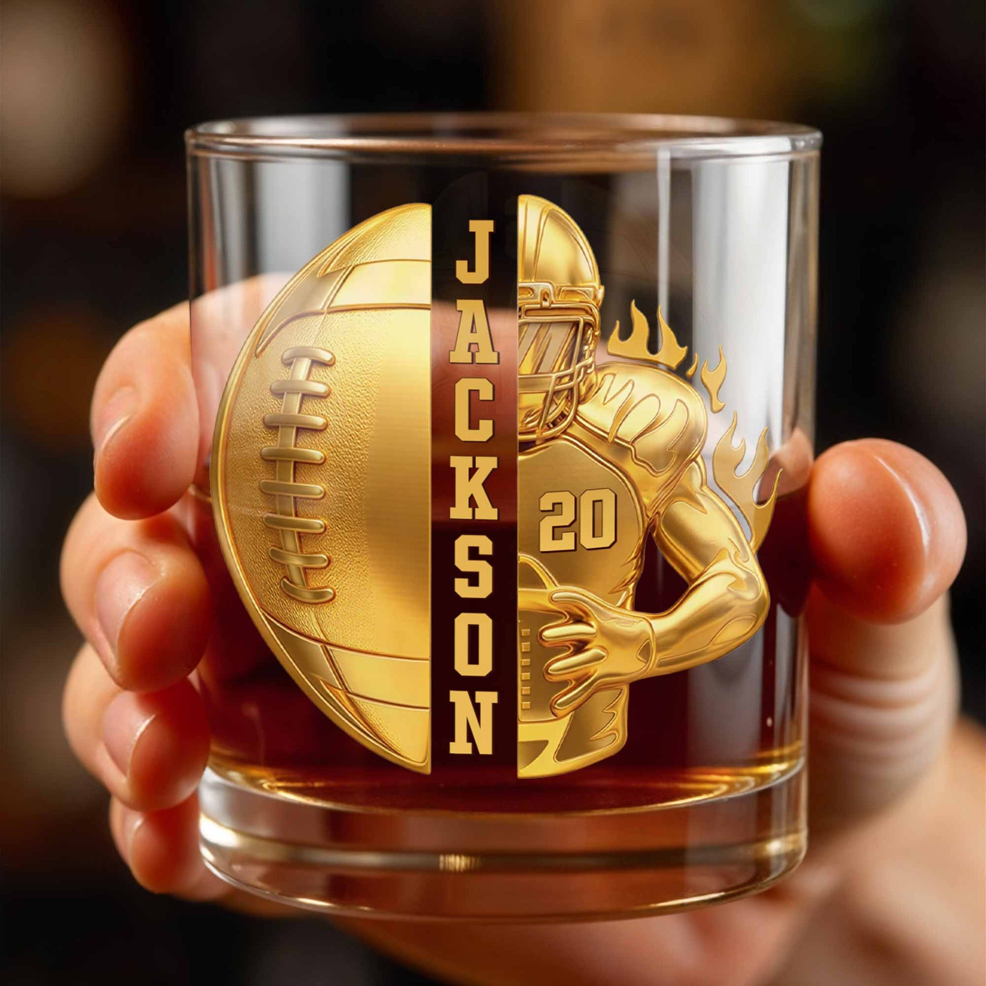 3D Golden Football Player On Fire With Personalized Name And Ball - Personalized Custom Whiskey Glass - SPORT104_RWG