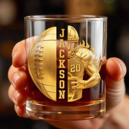 3D Golden Football Player On Fire With Personalized Name And Ball - Personalized Custom Whiskey Glass - SPORT104_RWG