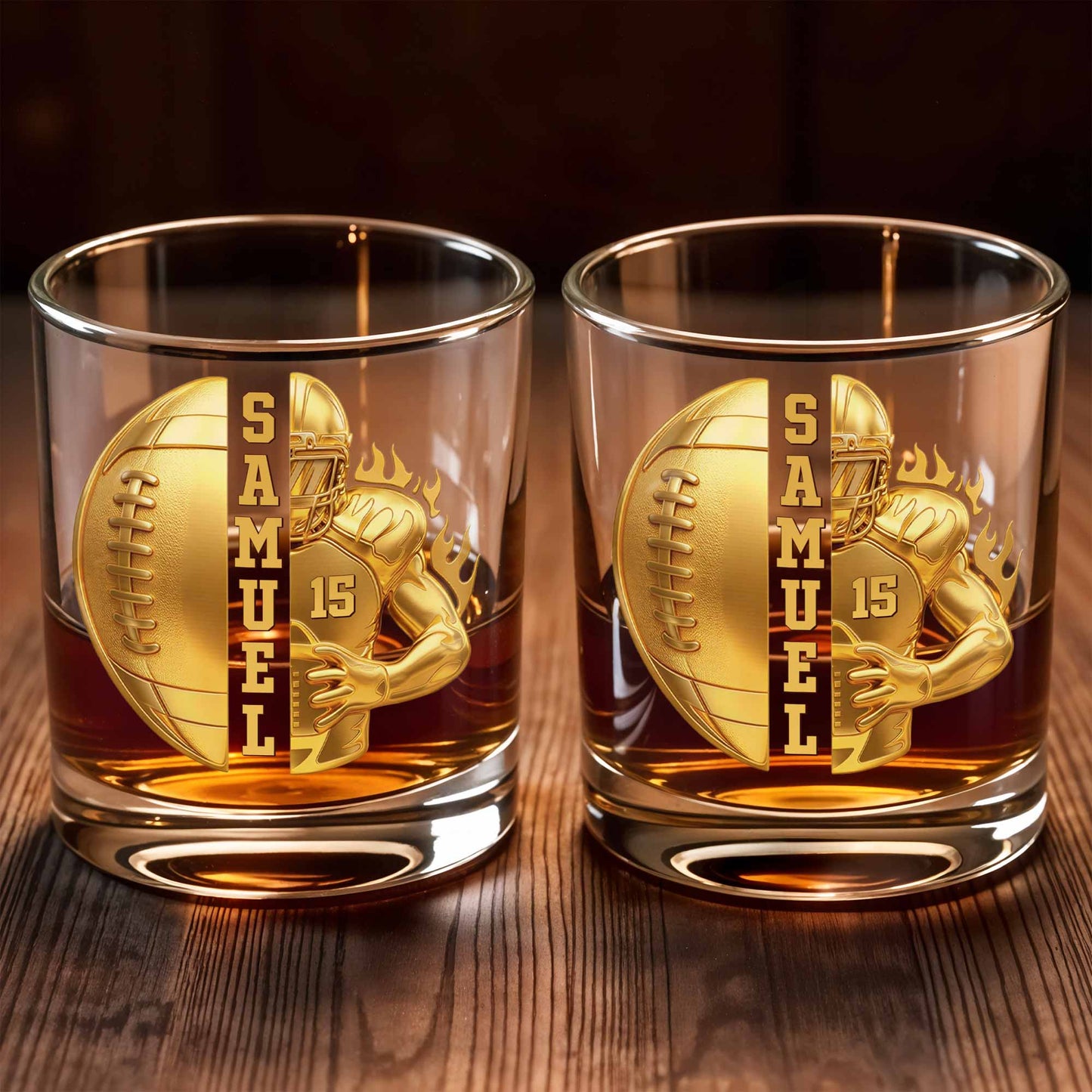 3D Golden Football Player On Fire With Personalized Name And Ball - Personalized Custom Whiskey Glass - SPORT104_RWG