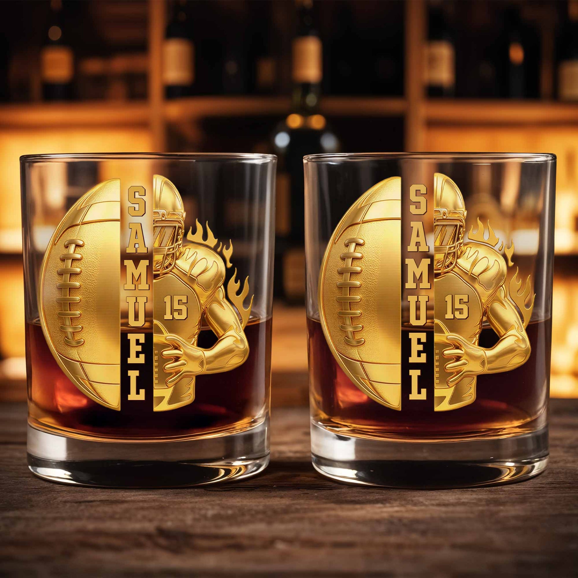 3D Golden Football Player On Fire With Personalized Name And Ball - Personalized Custom Whiskey Glass - SPORT104_RWG