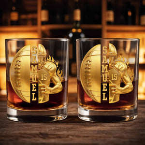 3D Golden Football Player On Fire With Personalized Name And Ball - Personalized Custom Whiskey Glass - SPORT104_RWG