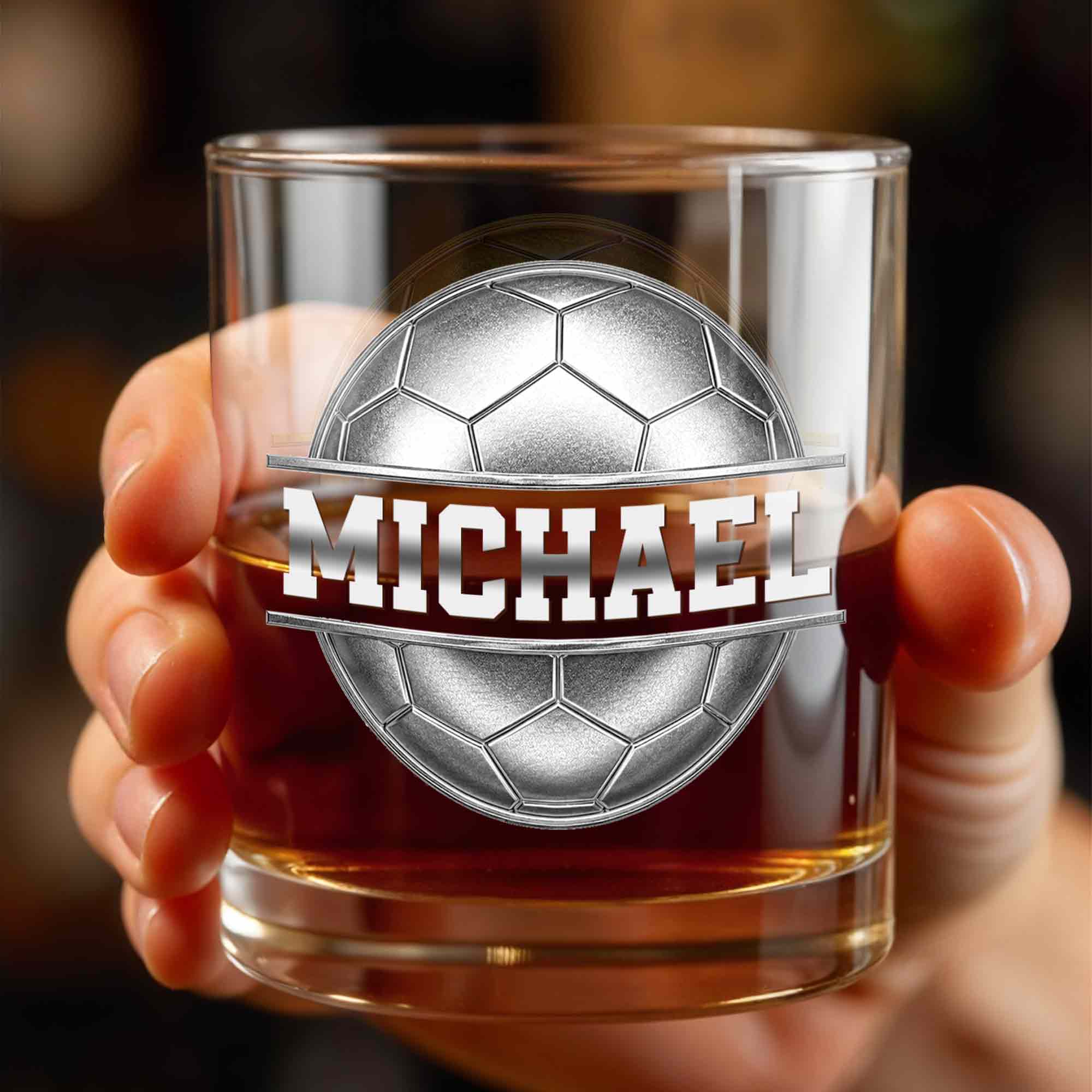 Soccer Ball Design With Custom Name And 3D Effects - Personalized Custom Whiskey Glass - SPORT108_RWG