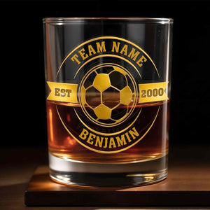 Team Name Est Soccer Ball With Custom Name And 3D Golden Crest - Personalized Custom Whiskey Glass - SPORT113_RWG