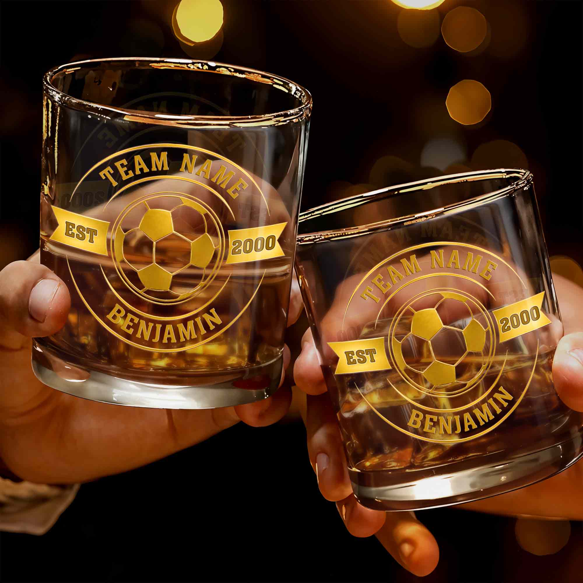 Team Name Est Soccer Ball With Custom Name And 3D Golden Crest - Personalized Custom Whiskey Glass - SPORT113_RWG