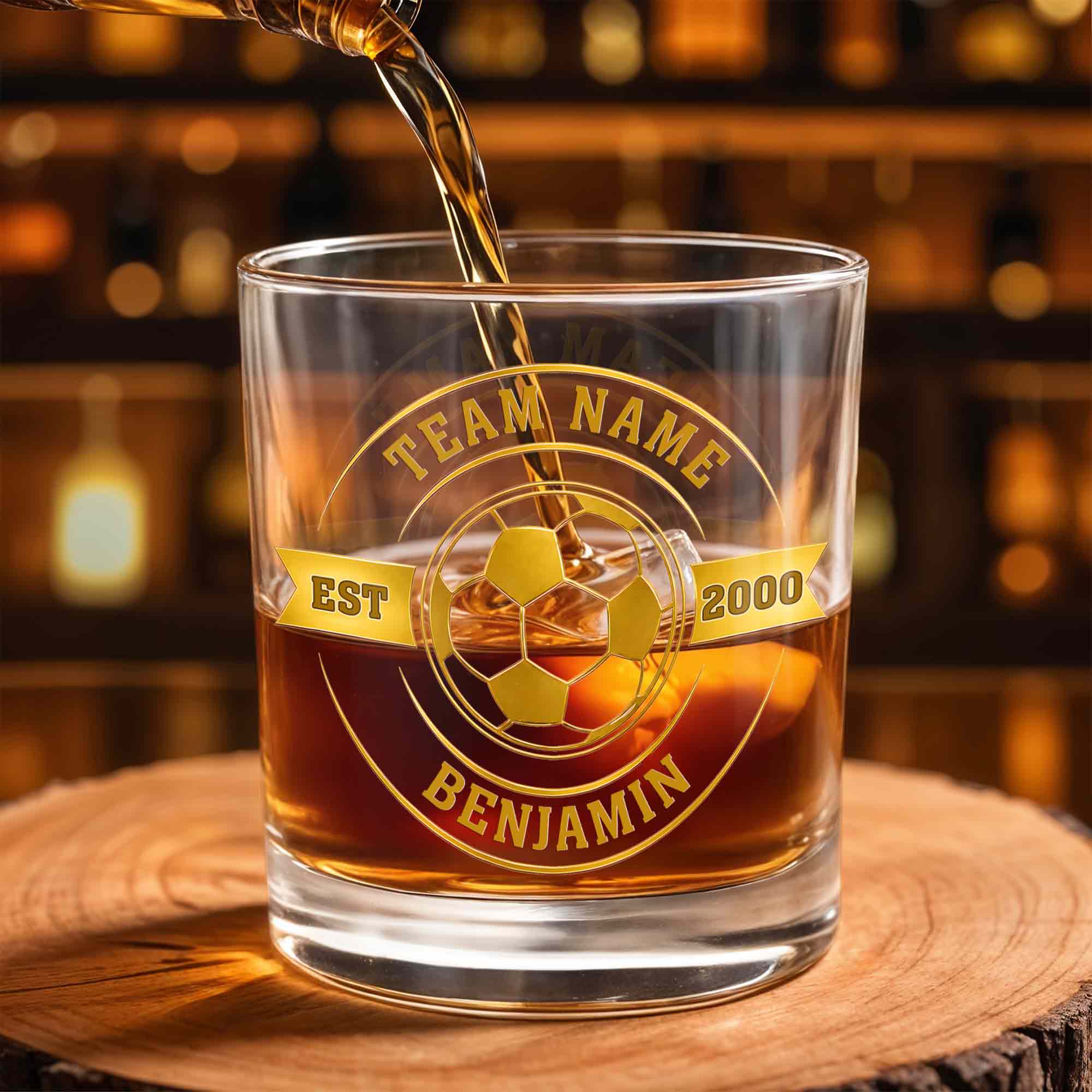 Team Name Est Soccer Ball With Custom Name And 3D Golden Crest - Personalized Custom Whiskey Glass - SPORT113_RWG