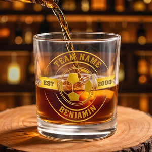 Team Name Est Soccer Ball With Custom Name And 3D Golden Crest - Personalized Custom Whiskey Glass - SPORT113_RWG