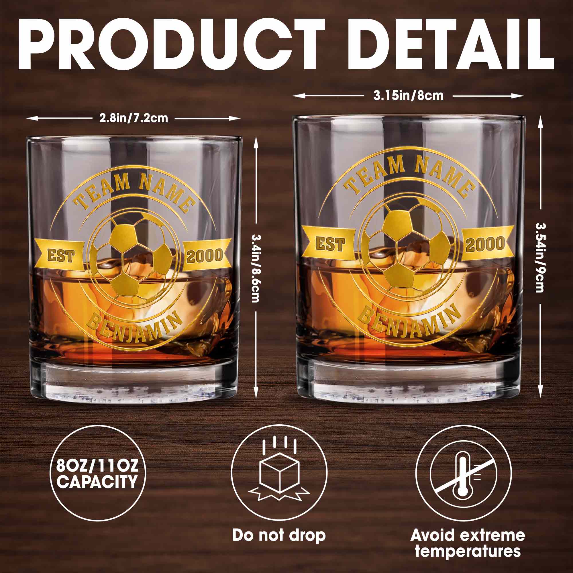 Team Name Est Soccer Ball With Custom Name And 3D Golden Crest - Personalized Custom Whiskey Glass - SPORT113_RWG