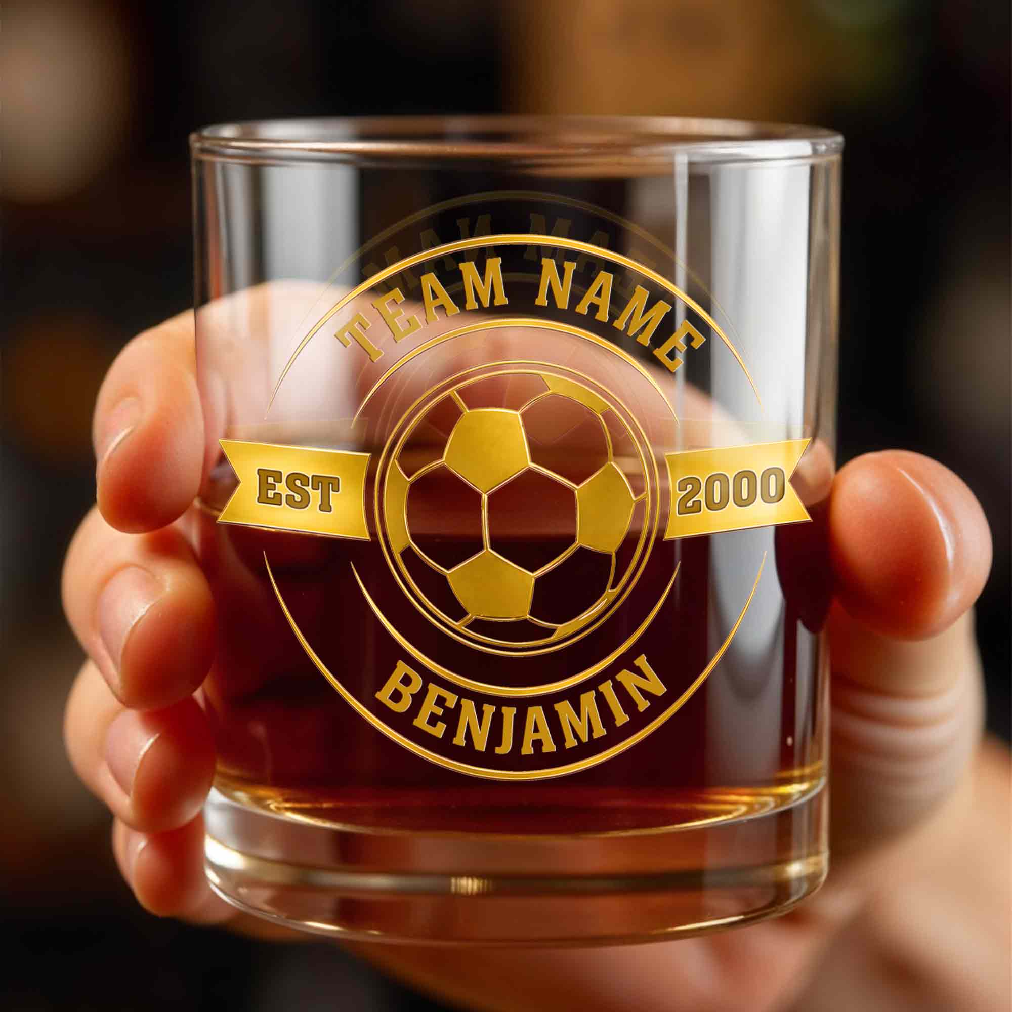Team Name Est Soccer Ball With Custom Name And 3D Golden Crest - Personalized Custom Whiskey Glass - SPORT113_RWG