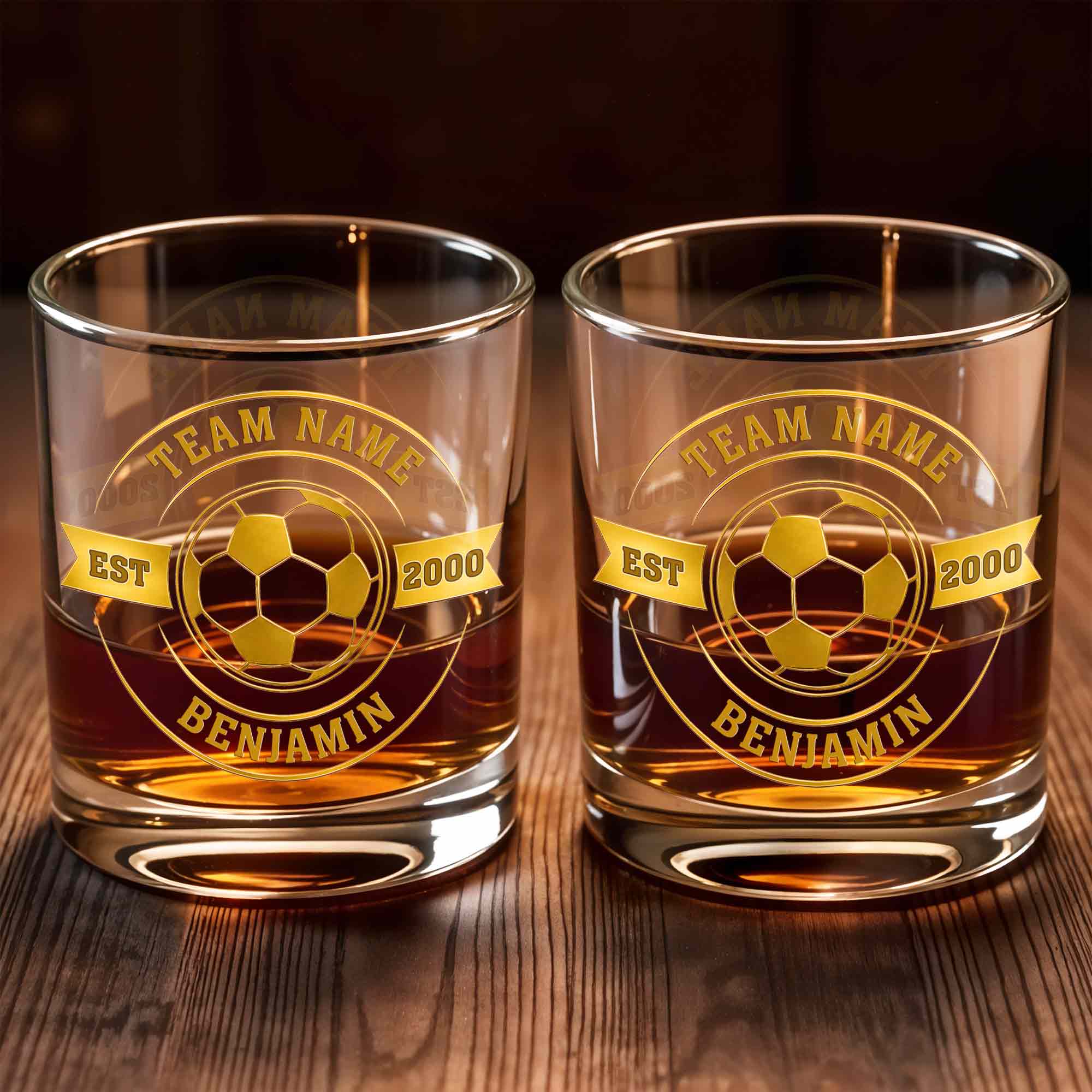Team Name Est Soccer Ball With Custom Name And 3D Golden Crest - Personalized Custom Whiskey Glass - SPORT113_RWG