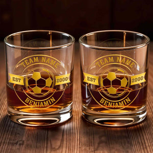 Team Name Est Soccer Ball With Custom Name And 3D Golden Crest - Personalized Custom Whiskey Glass - SPORT113_RWG