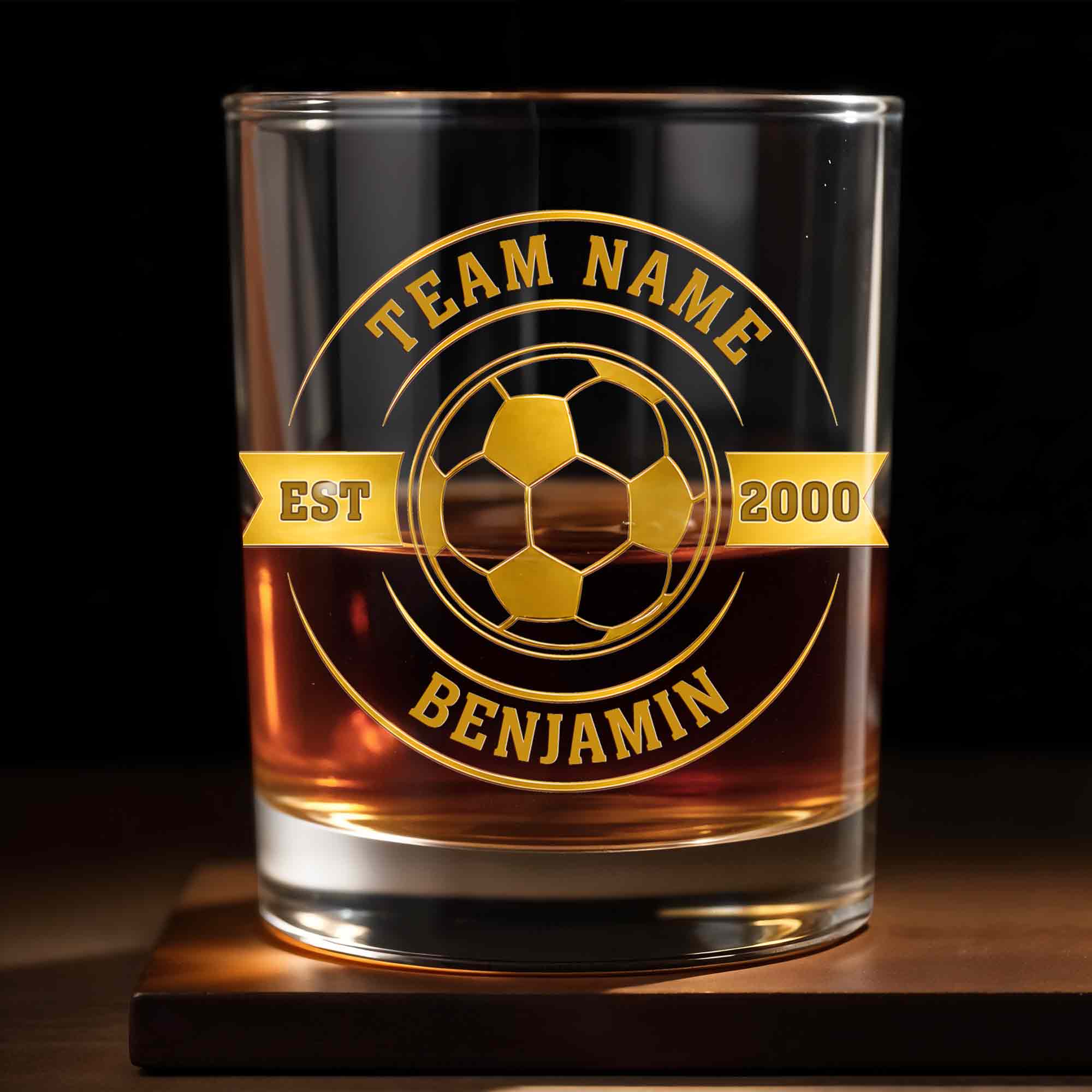 Team Name Est Soccer Ball With Custom Name And 3D Golden Crest - Personalized Custom Whiskey Glass - SPORT113_RWG