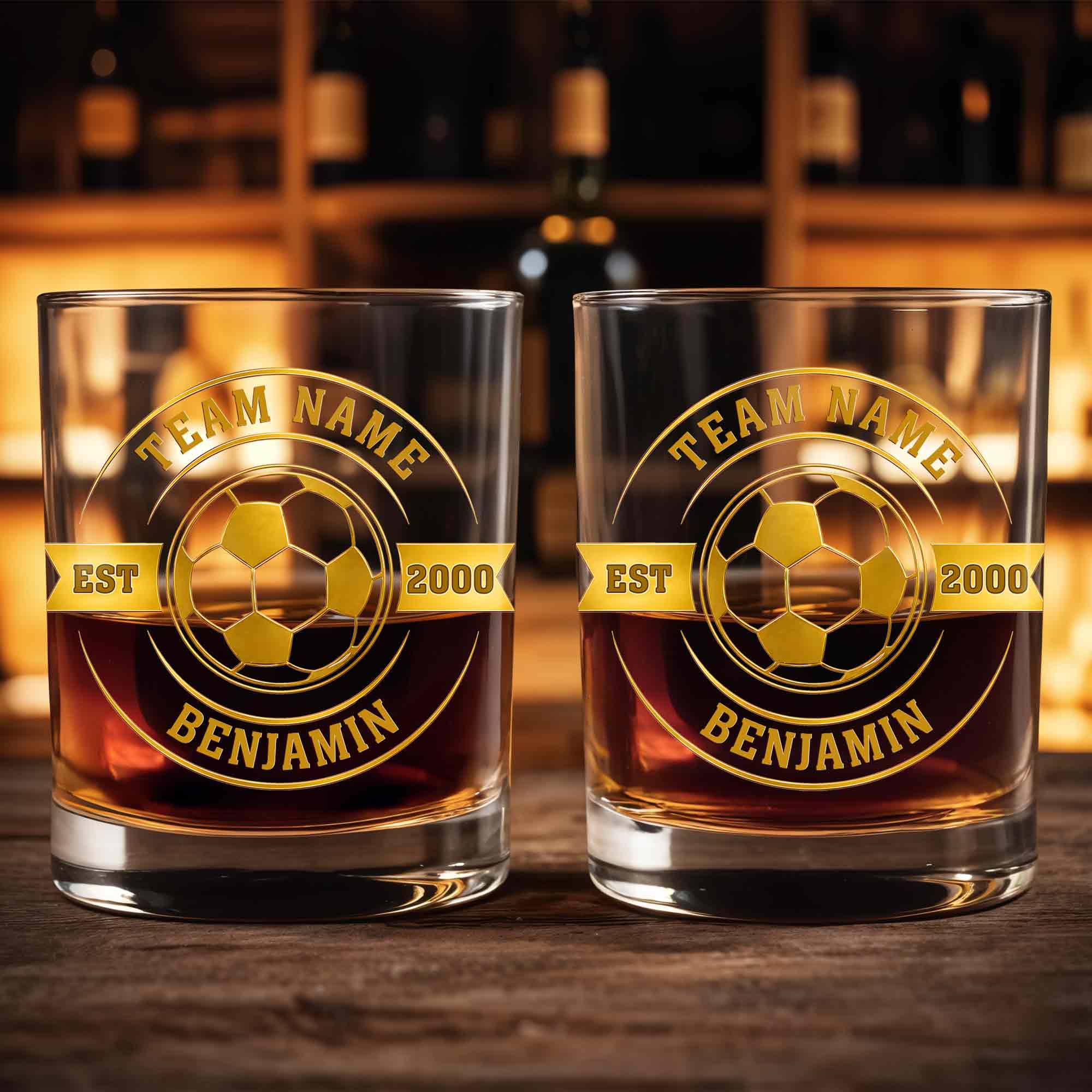 Team Name Est Soccer Ball With Custom Name And 3D Golden Crest - Personalized Custom Whiskey Glass - SPORT113_RWG