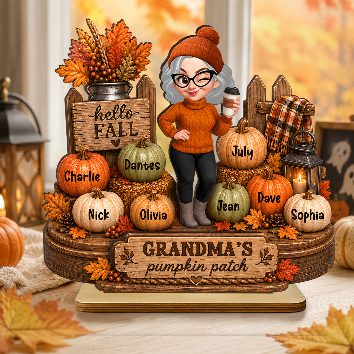 Hello Fall Grandma's Pumpkin Patch - Personalized 2-Layered Wooden Plaque - Cozy Fall Decor for Grandma