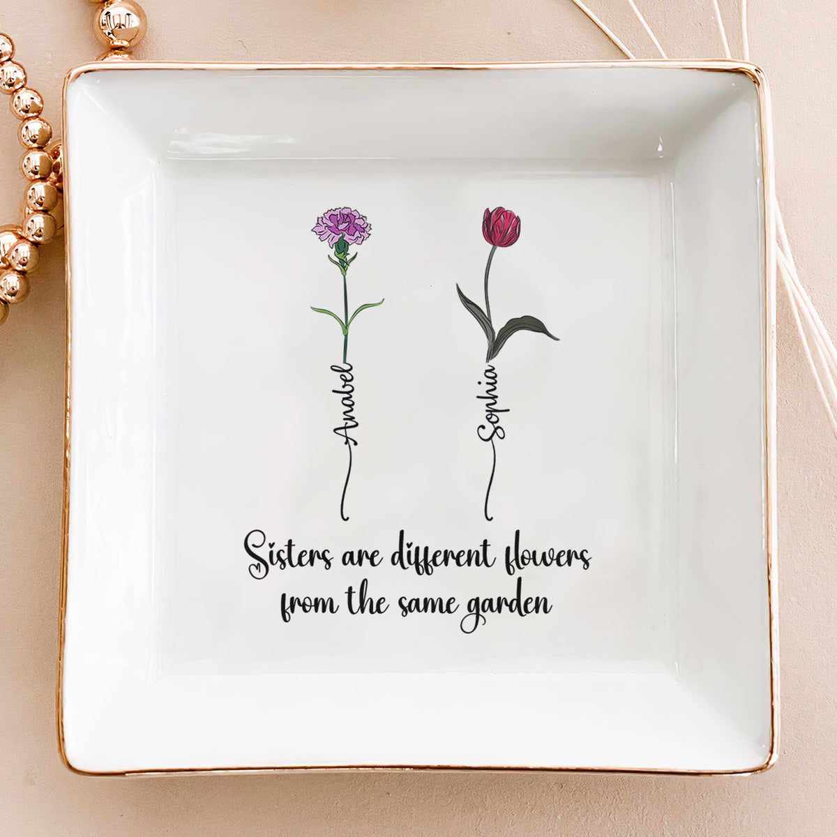 Personalized birth flower jewelry dish for sisters