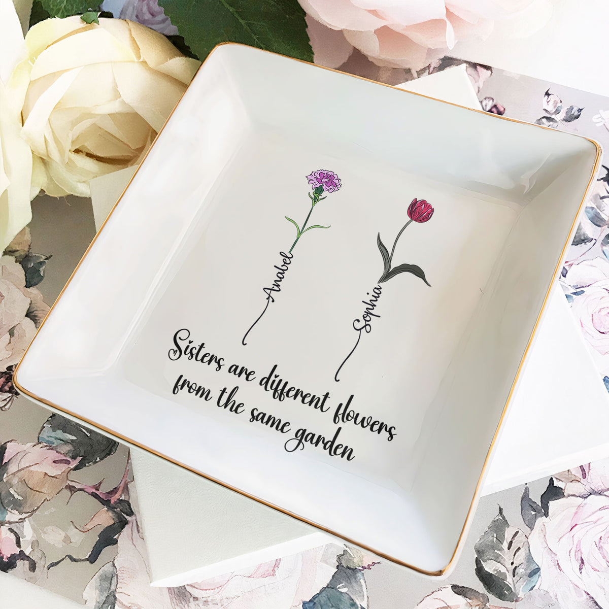 Birth flower dish with sister names