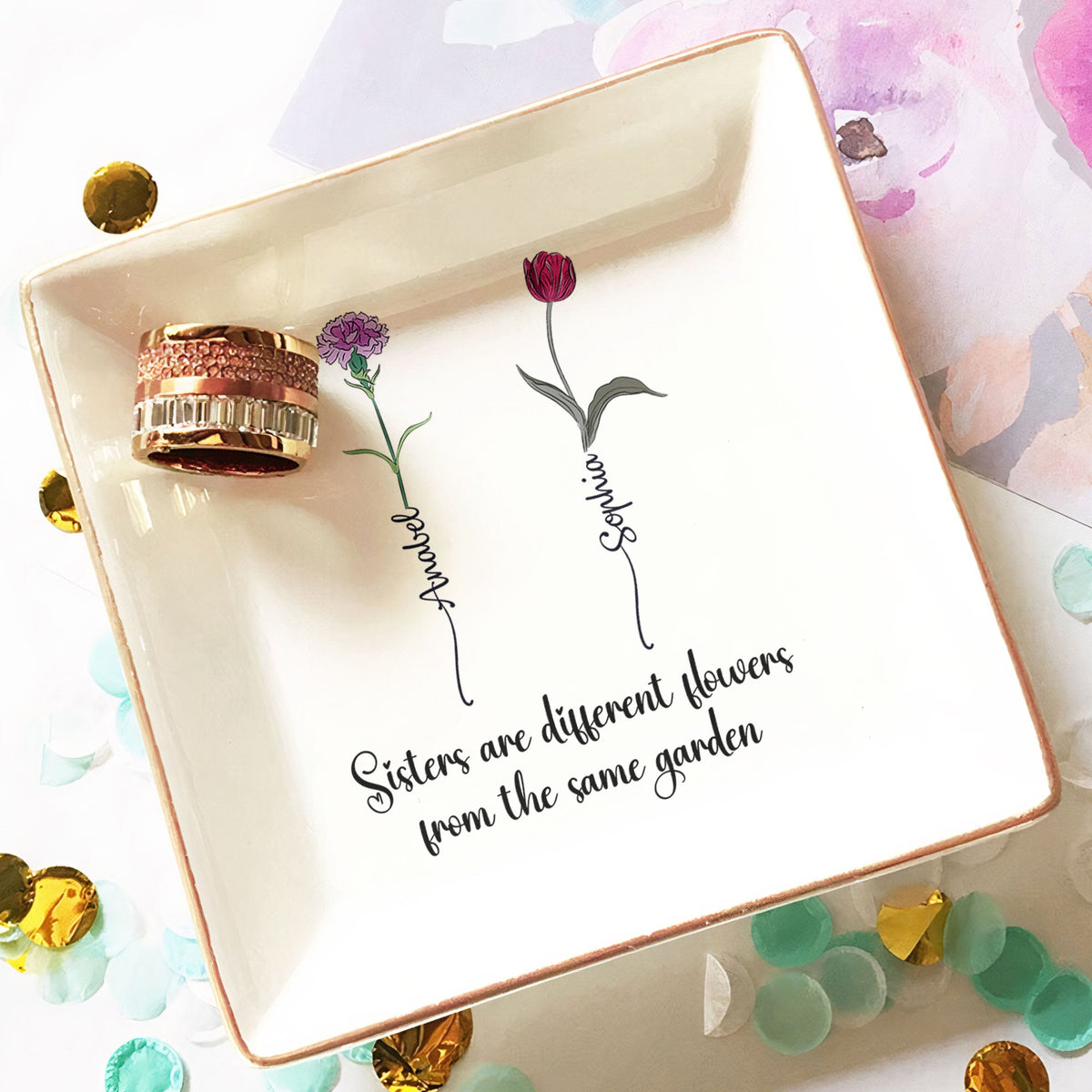 Birth flower jewelry dish holding rings