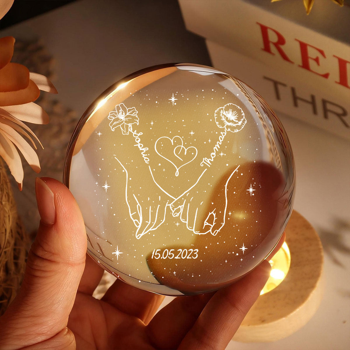 Eternal Love Couple Holding Hands Custom Birth Month Flowers - Personalized Crystal Ball LED Night Light