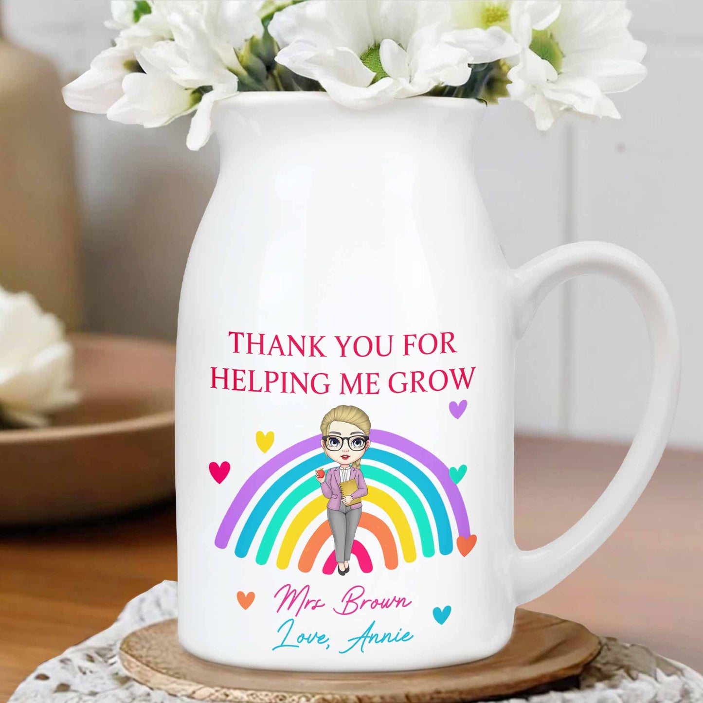 Thank You For Helping Me Grow Rainbow And Hearts - Personalized Ceramic Flower Vase
