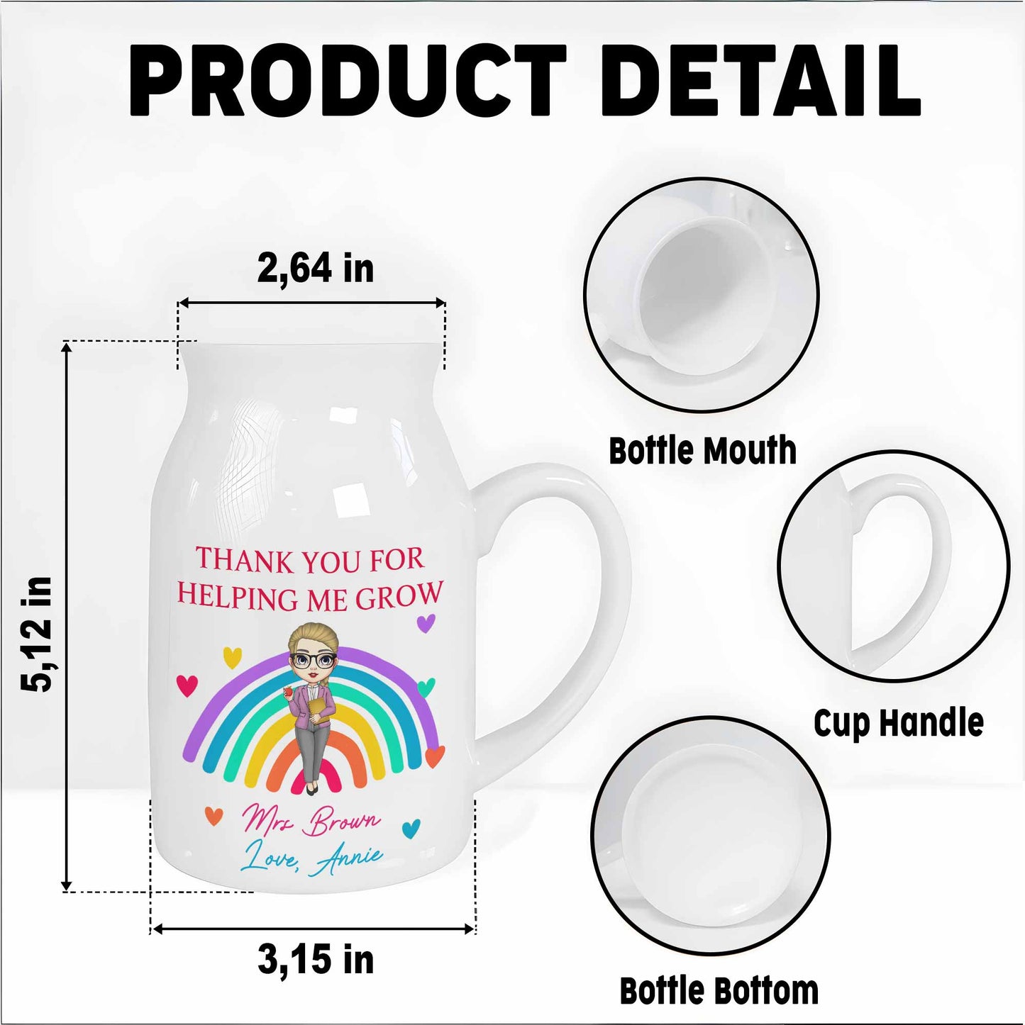 Thank You For Helping Me Grow Rainbow And Hearts - Personalized Ceramic Flower Vase
