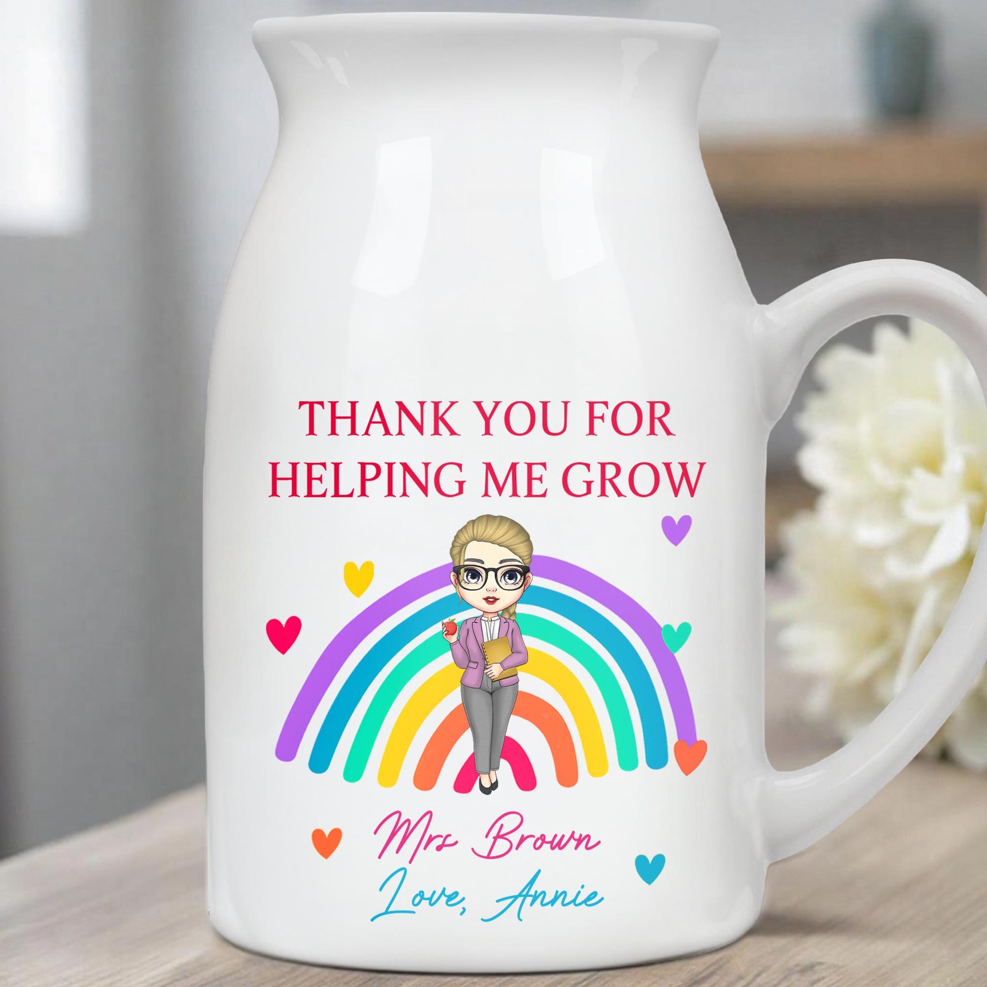Thank You For Helping Me Grow Rainbow And Hearts - Personalized Ceramic Flower Vase