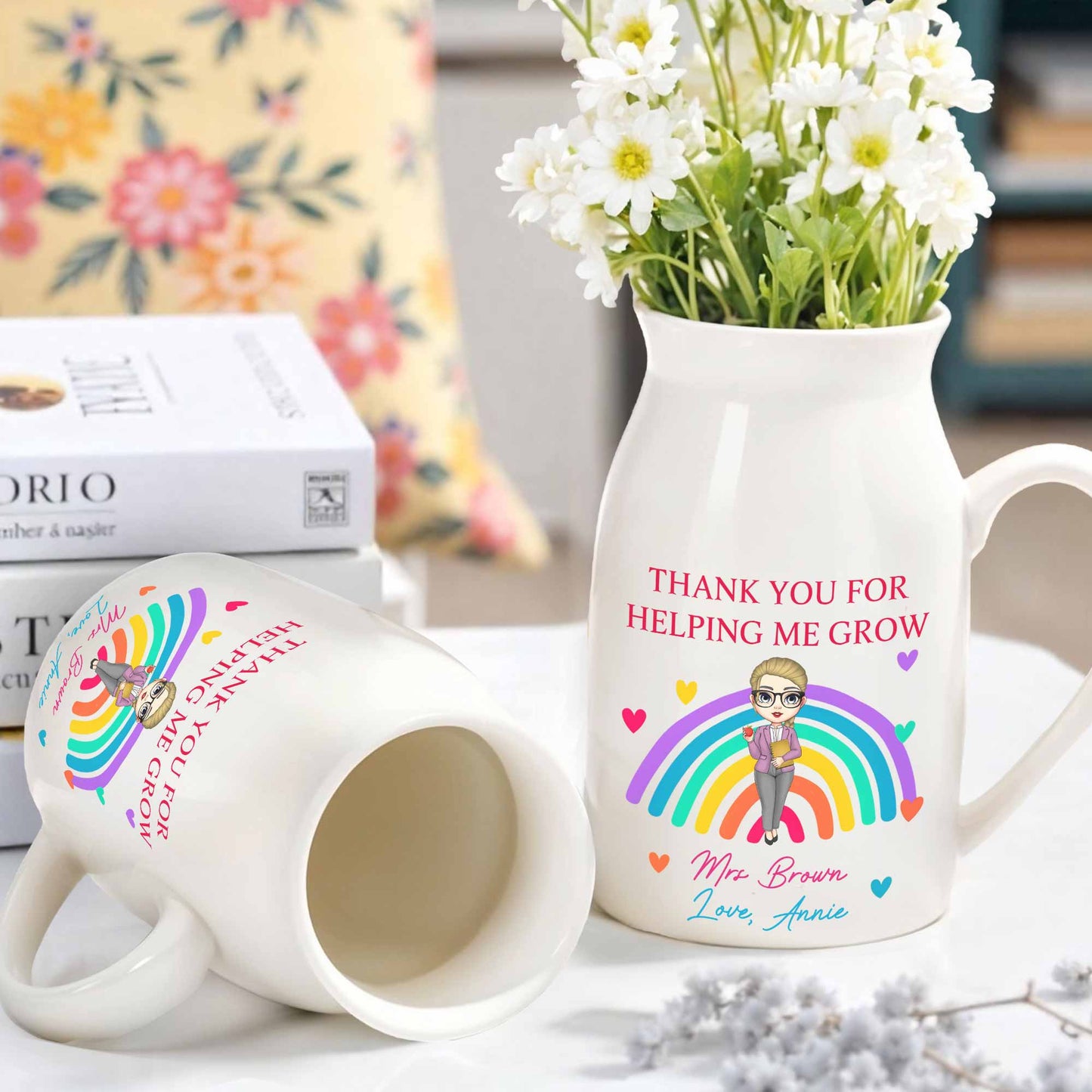 Thank You For Helping Me Grow Rainbow And Hearts - Personalized Ceramic Flower Vase