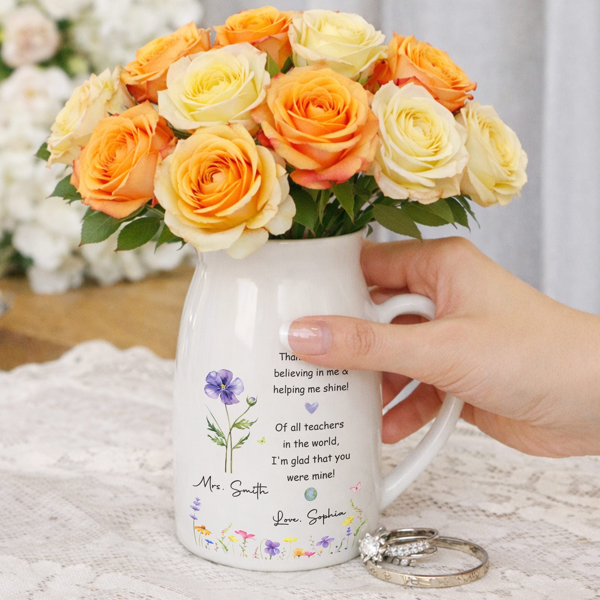 Thank You For Believing In Me Birth Month Flowers Teacher Appreciation - Personalized Ceramic Flower Vase