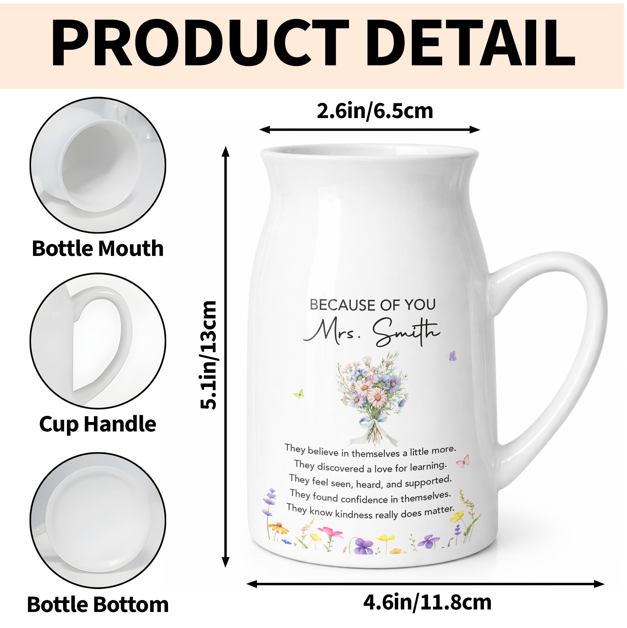 Because Of You Birth Month Flowers Bouquet For Teachers - Personalized Ceramic Flower Vase