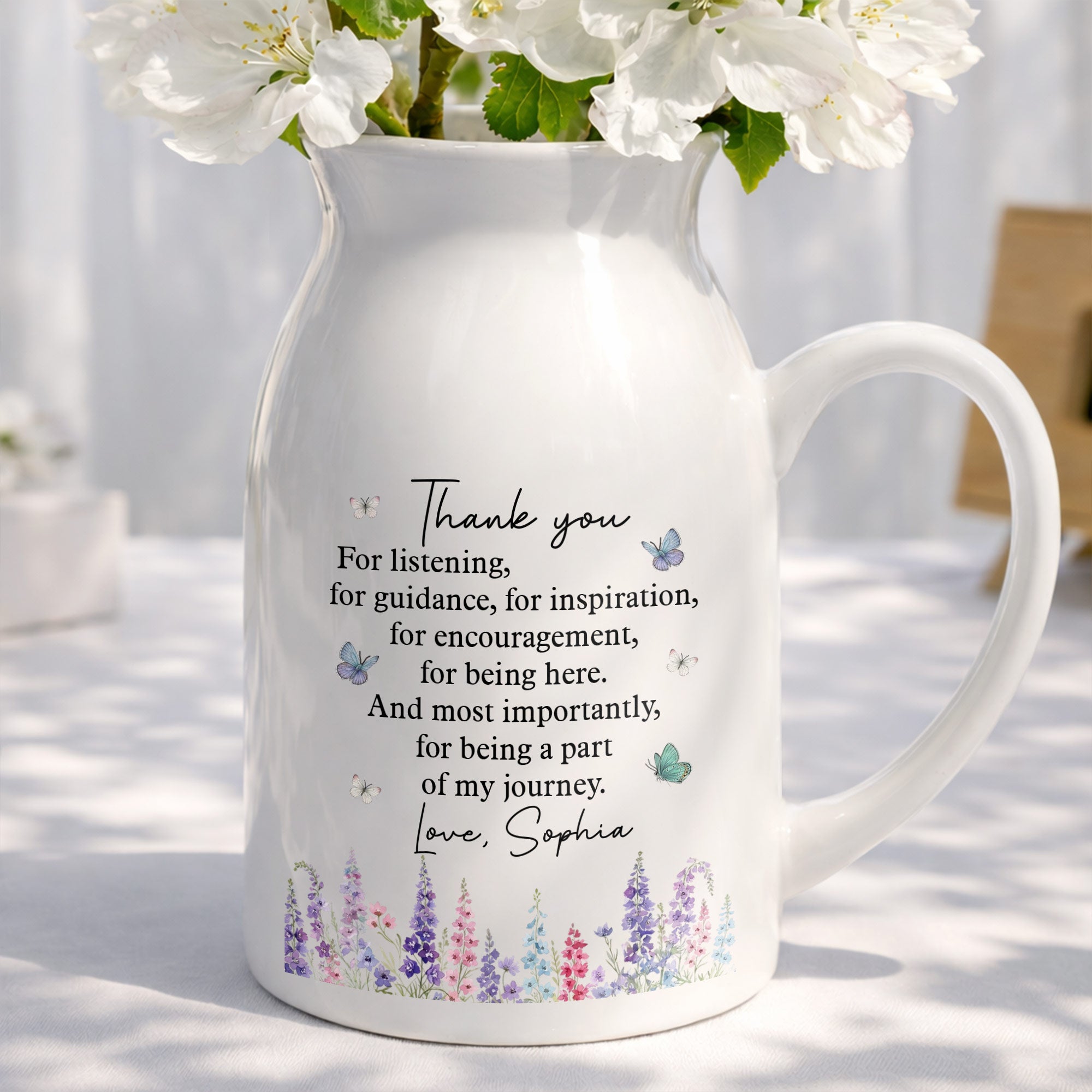 Thank You For Being A Part Of My Journey Butterflies And Birth Flowers - Personalized Ceramic Flower Vase
