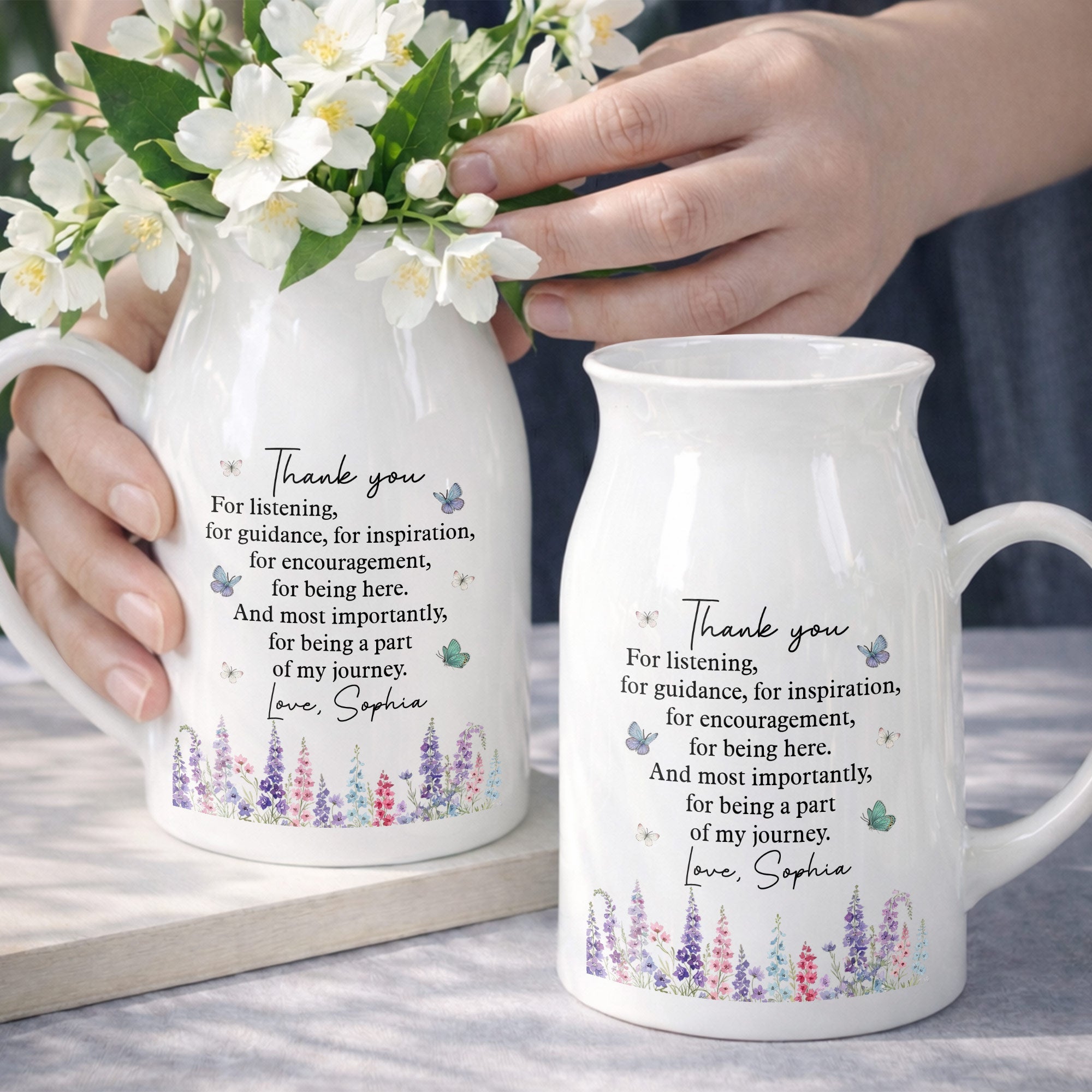 Thank You For Being A Part Of My Journey Butterflies And Birth Flowers - Personalized Ceramic Flower Vase
