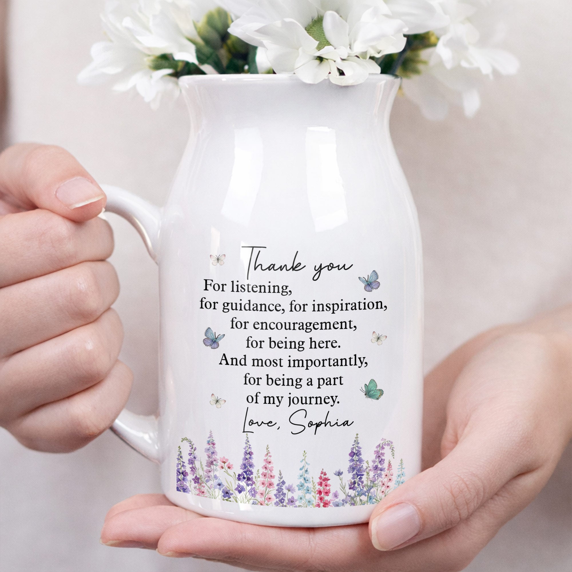 Thank You For Being A Part Of My Journey Butterflies And Birth Flowers - Personalized Ceramic Flower Vase