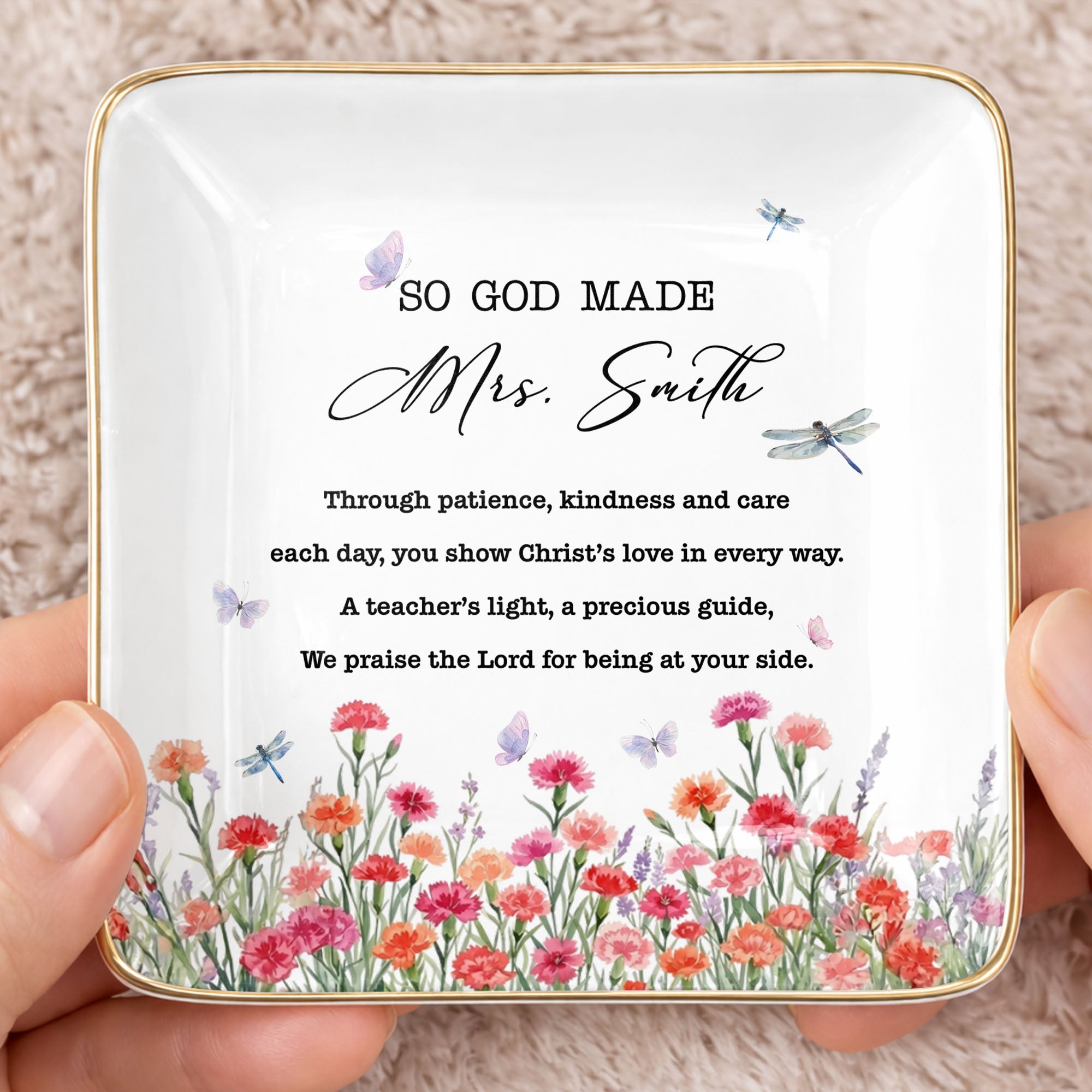 So God Made My Teacher Religious Verse With Birth Month Flowers - Personalized Custom Jewelry Dish, Ceramic Dish, Square Shape - TEACH232_SCRF