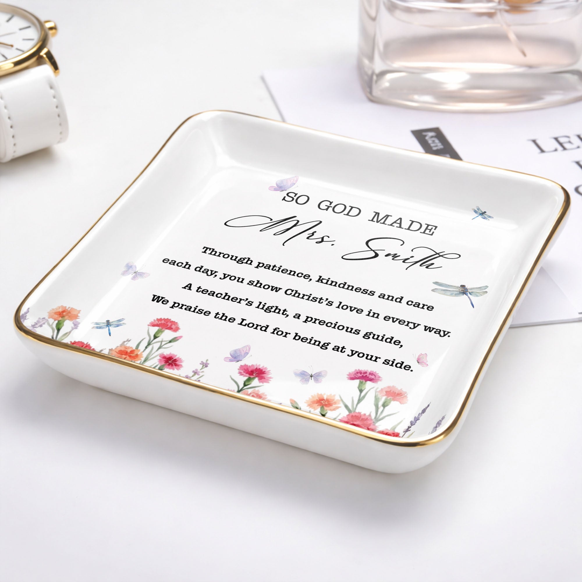 So God Made My Teacher Religious Verse With Birth Month Flowers - Personalized Custom Jewelry Dish, Ceramic Dish, Square Shape - TEACH232_SCRF