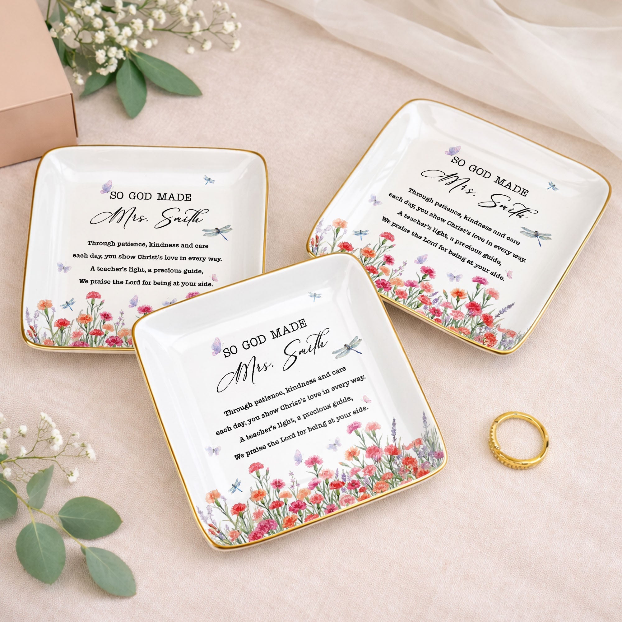 So God Made My Teacher Religious Verse With Birth Month Flowers - Personalized Custom Jewelry Dish, Ceramic Dish, Square Shape - TEACH232_SCRF