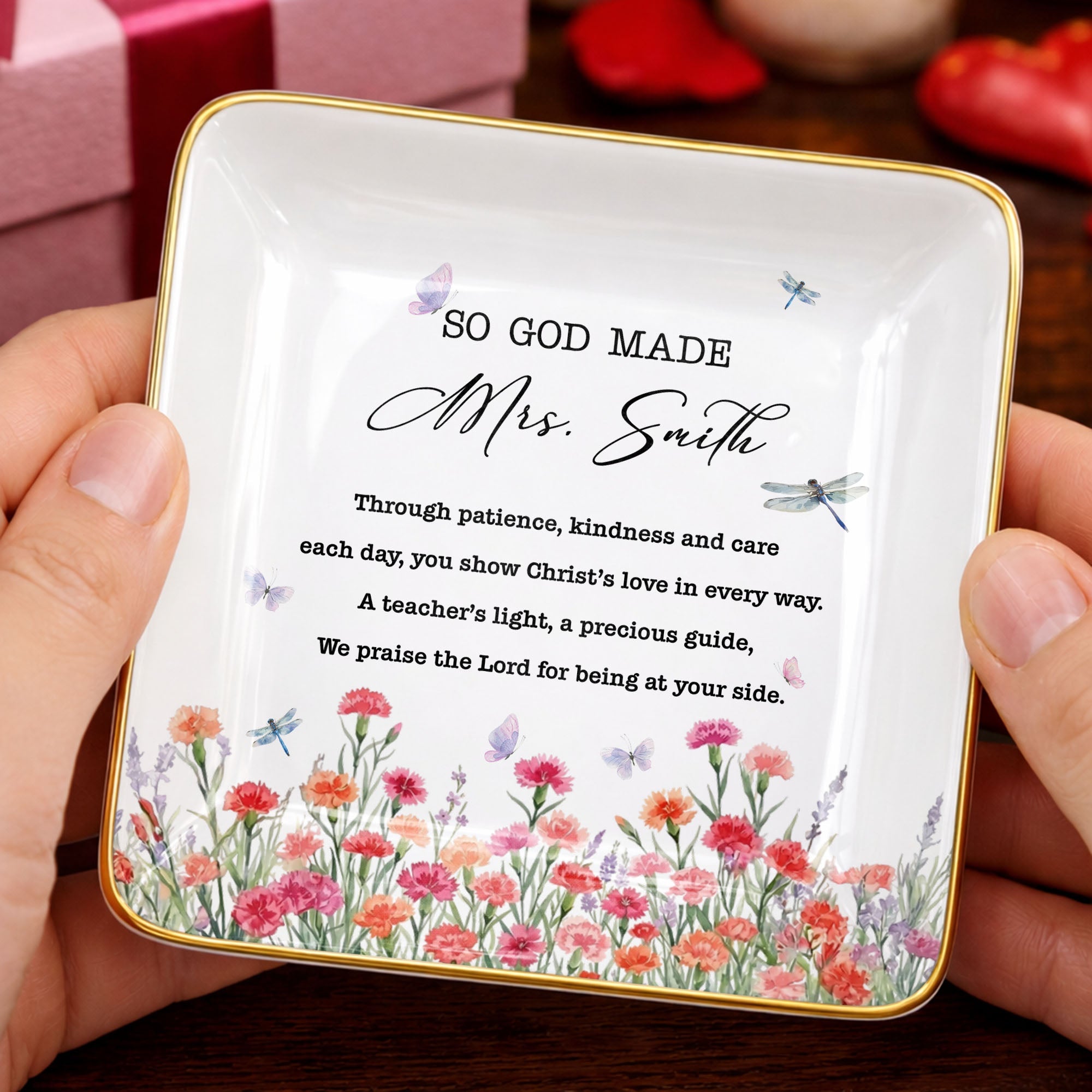 So God Made My Teacher Religious Verse With Birth Month Flowers - Personalized Custom Jewelry Dish, Ceramic Dish, Square Shape - TEACH232_SCRF